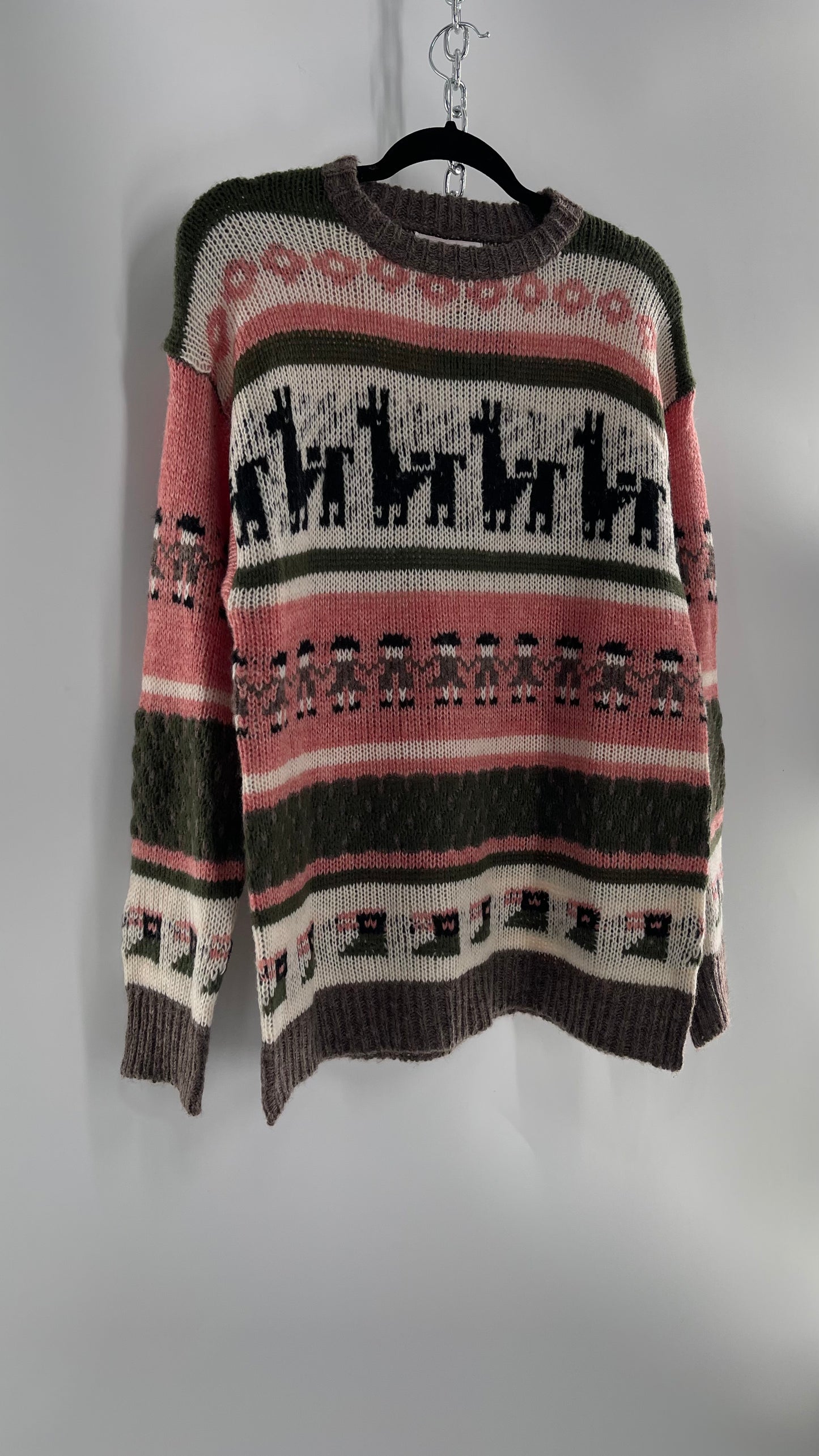 Cooke Collective Knit Llama/Alpaca Graphic Sweater with Army Green, Pink and White Colorway (Medium)