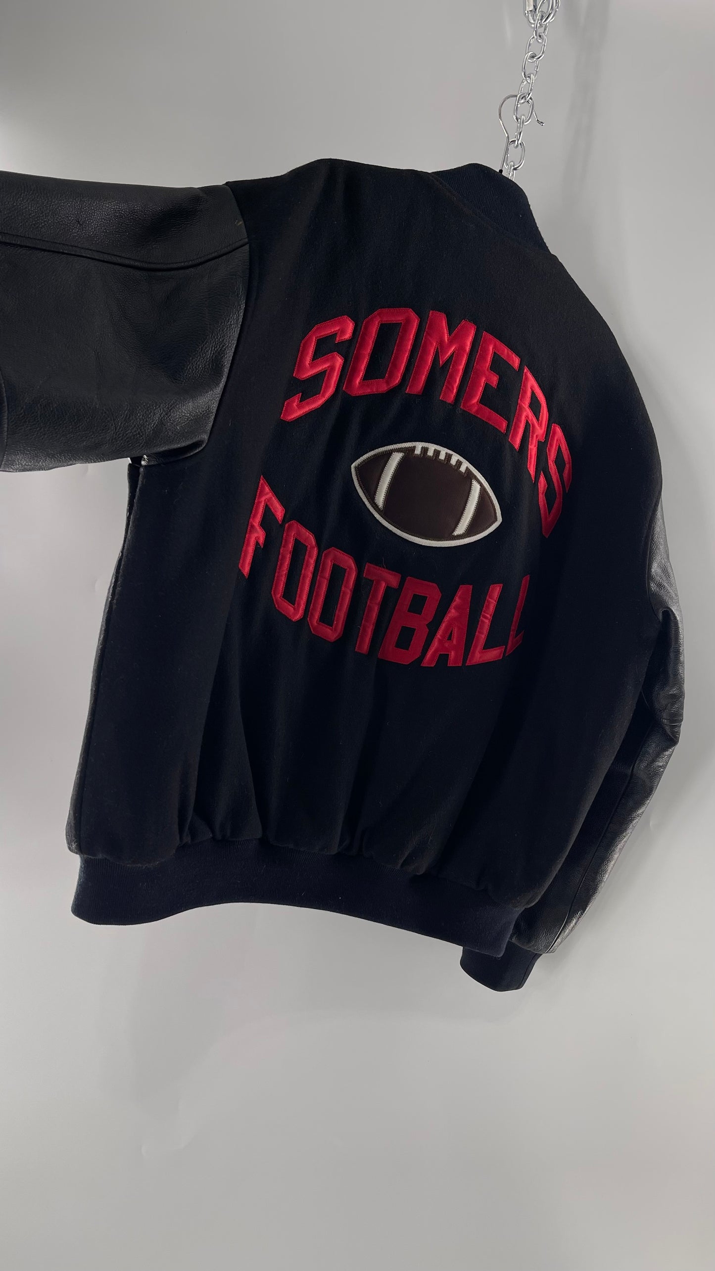 Vintage Somers Football Varsity Jacket with Leather Sleeves “Matt” Embroidery and Red Lettering (XL)