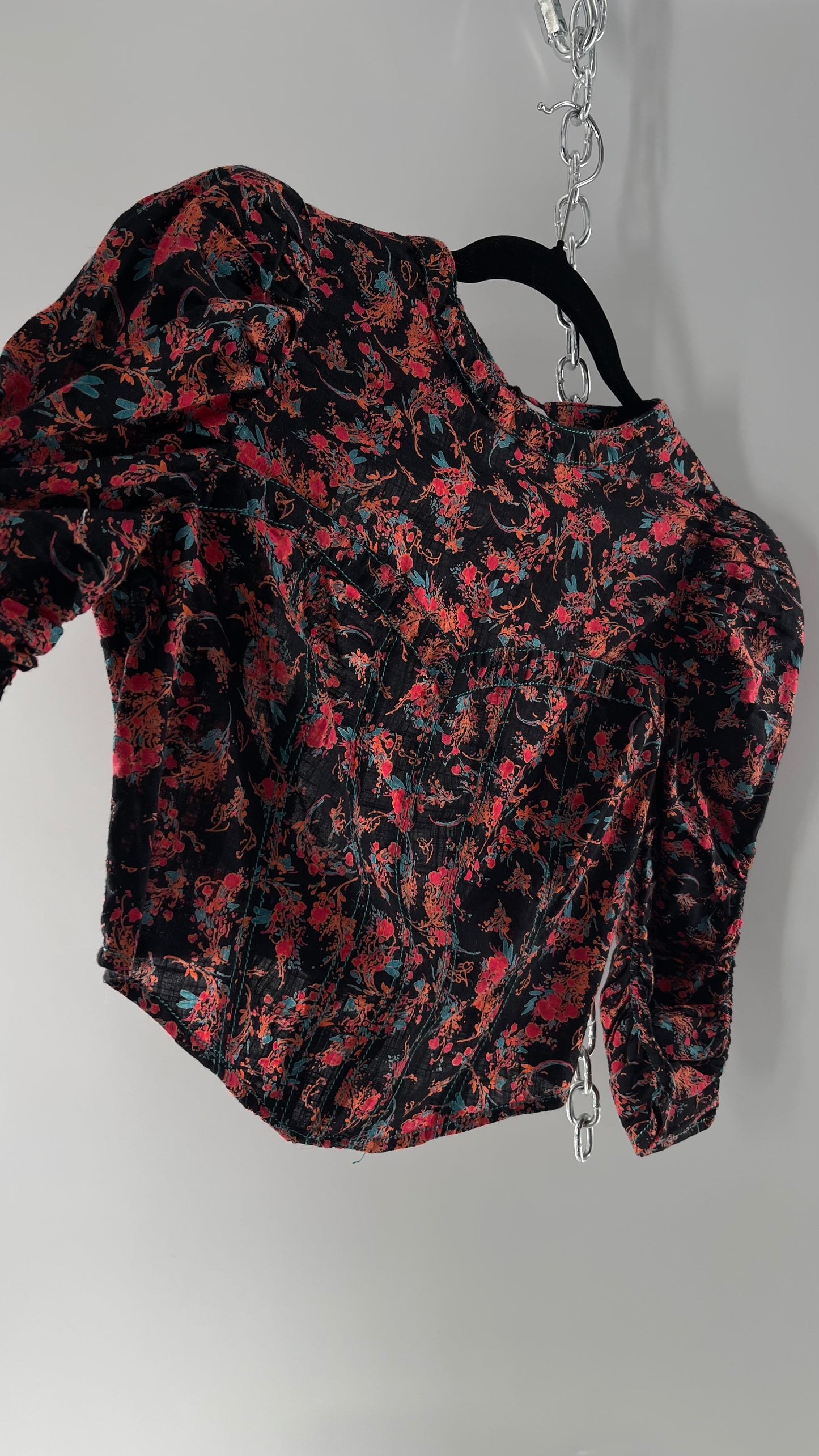 Free People Black Corset-esque Crop Top with Open Back and Ruched Sleeves (XS)