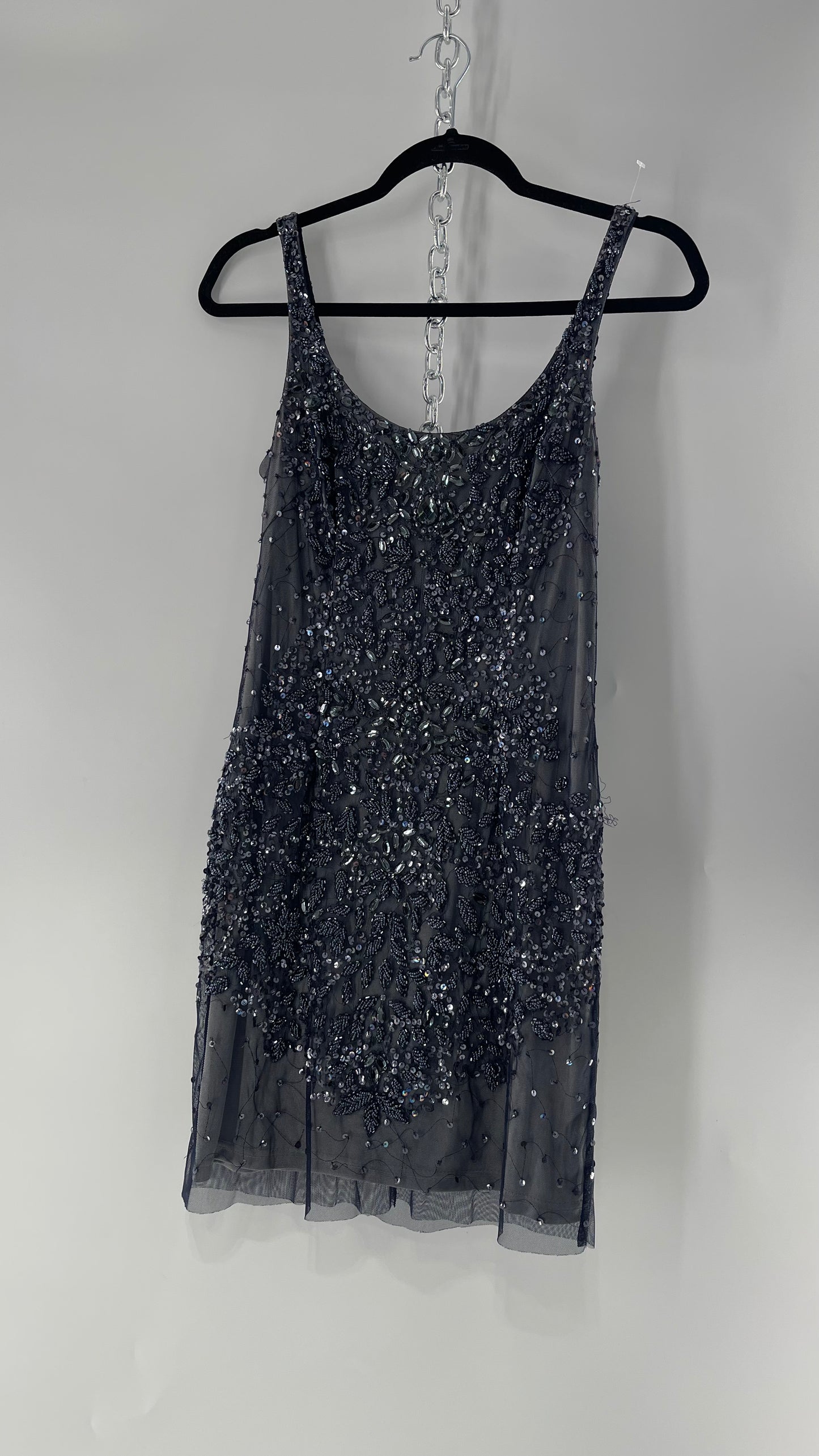 Vintage Cache Moonlight Grey/Navy Blue Tunic Mini Dress with Accentuating Placement of Beads, Sequins and Embroidery Details (2)