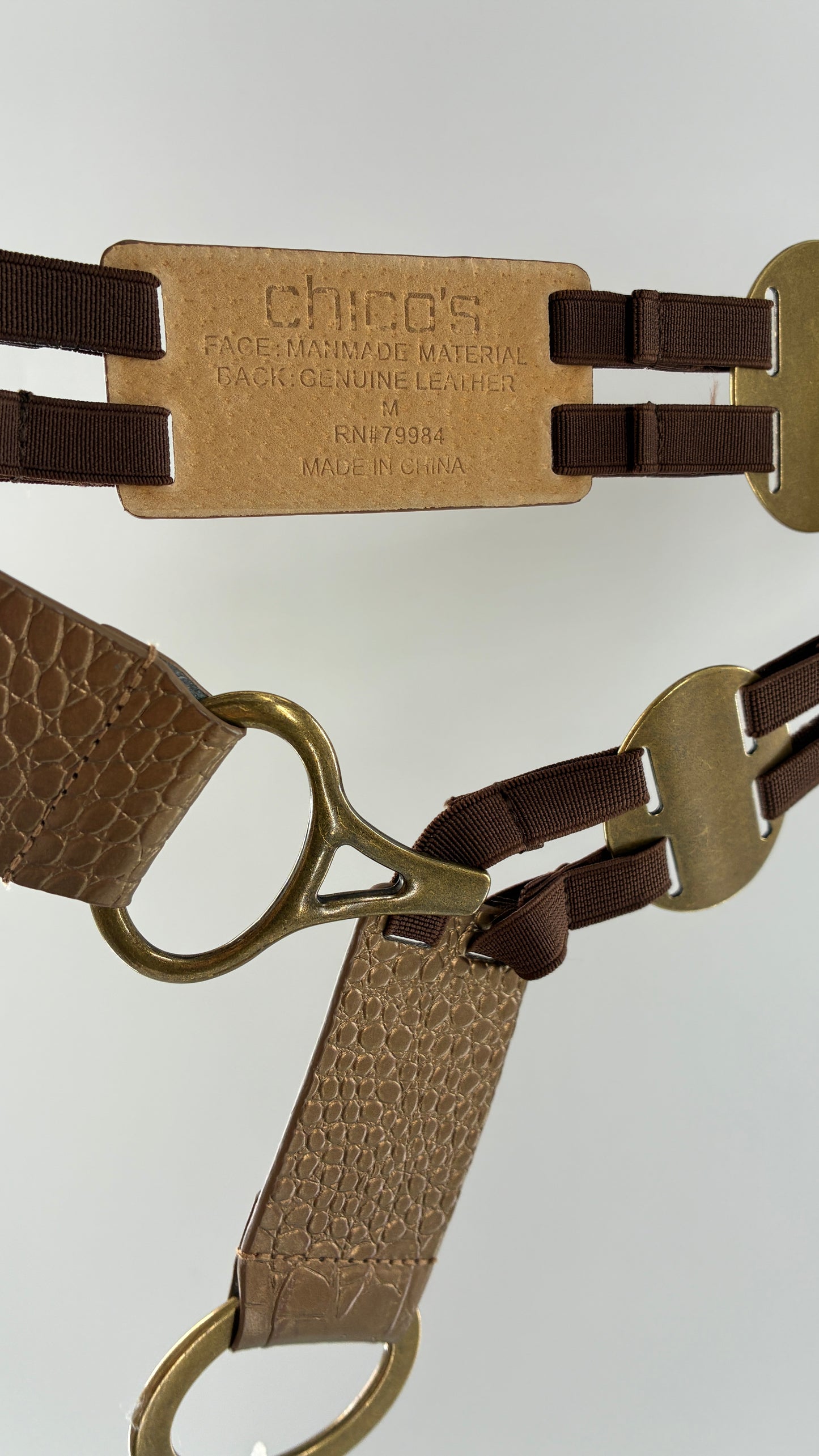 Vintage CHICO’s Bronze Embossed Leather and Metal Ring Belt (Medium)