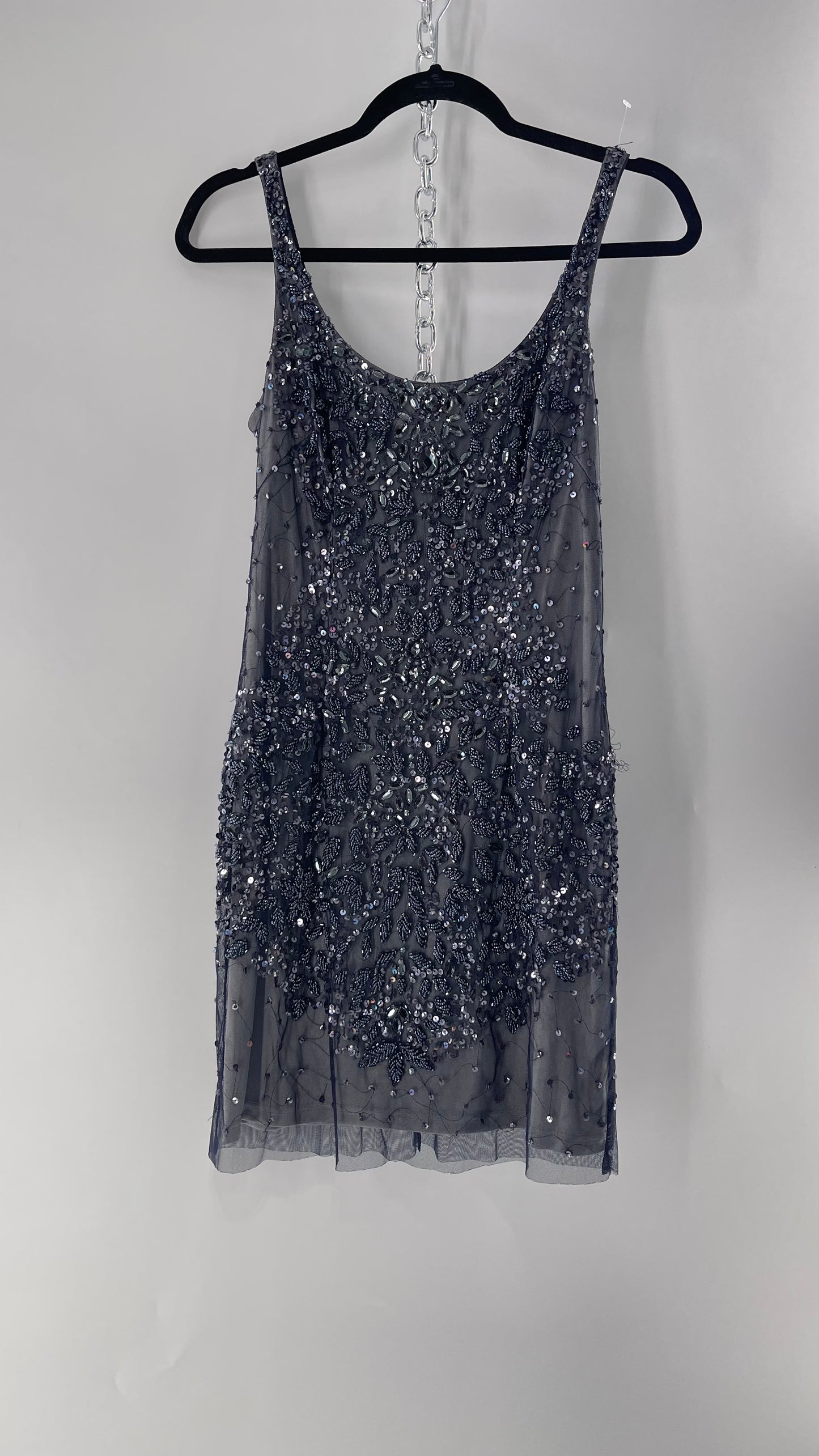 Vintage Cache Moonlight Grey/Navy Blue Tunic Mini Dress with Accentuating Placement of Beads, Sequins and Embroidery Details (2)