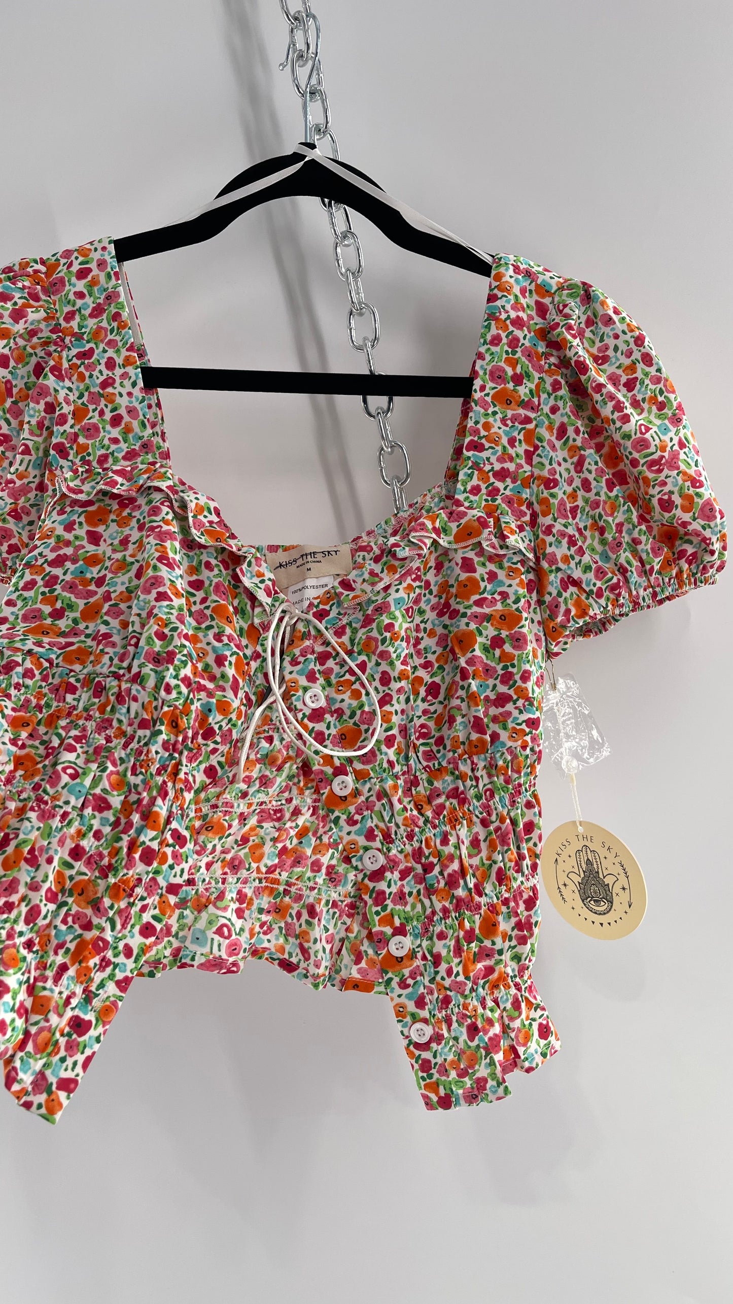 Free People Kiss The Sky Ribbon Bust Floral Prairie Top (Medium)