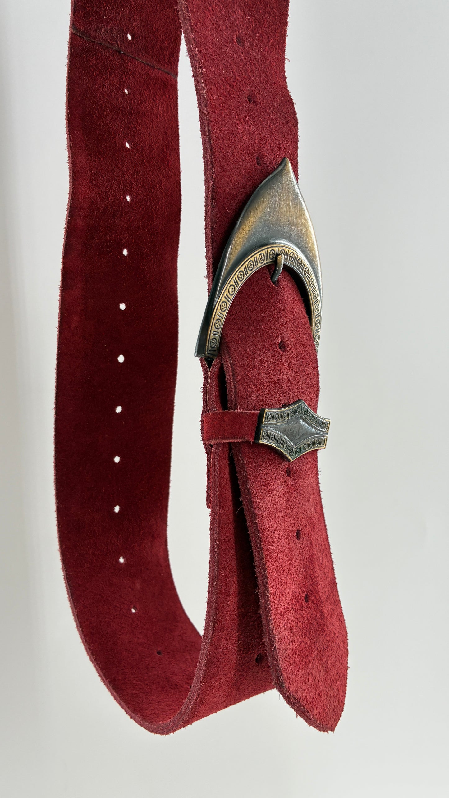 Genuine Suede Leather Maroon Red Belt w Oversized Engraved Buckle