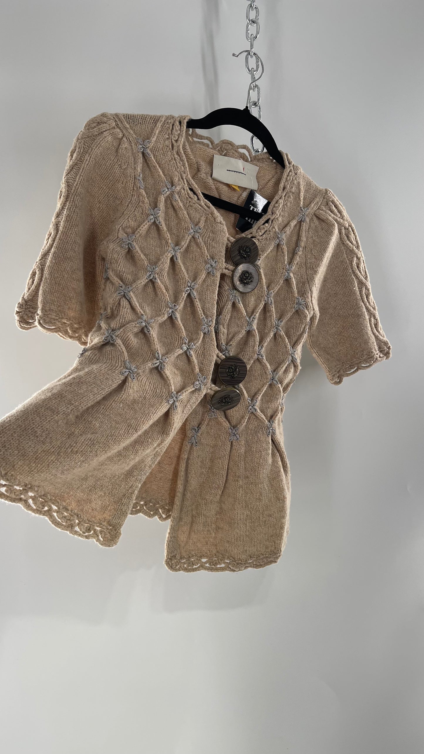 Anthropologie Leifsdottir Knit Argyle Embroidered Sweater with Oversized Statement Buttons (XS)