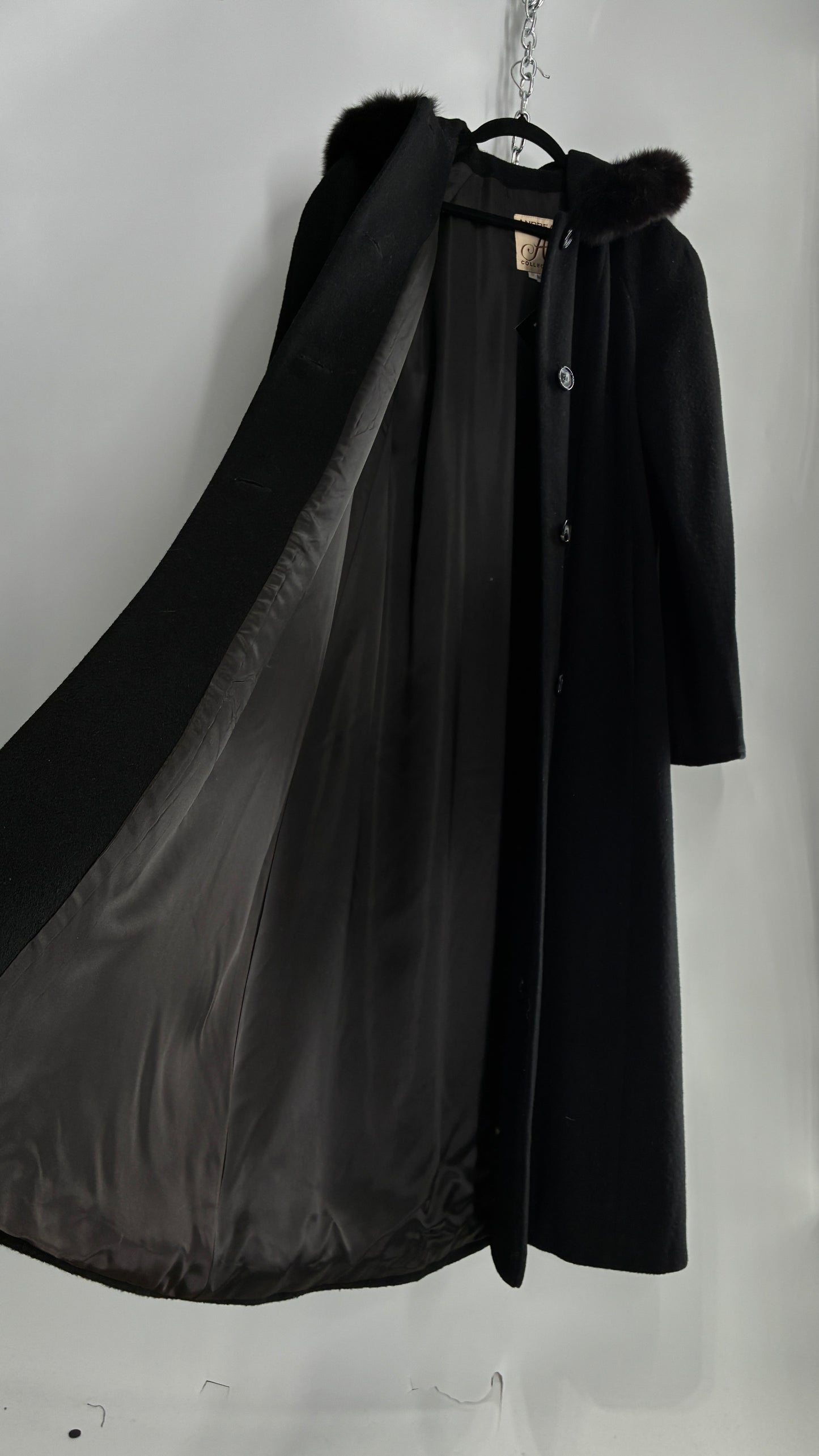 Vintage ANDREA COLLECTION Black Wool Blend Full Length Coat with Fur Trim Hood (12)