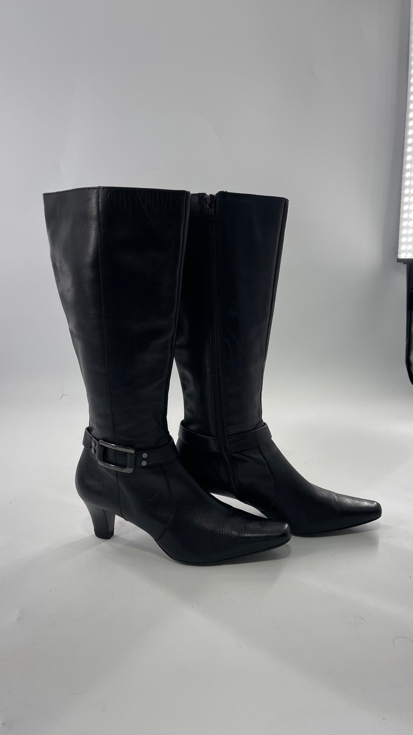 Vintage Black Anne Klein Leather Knee High Boots with Pointed Toe and Ankle Metal Buckle Detail (8)
