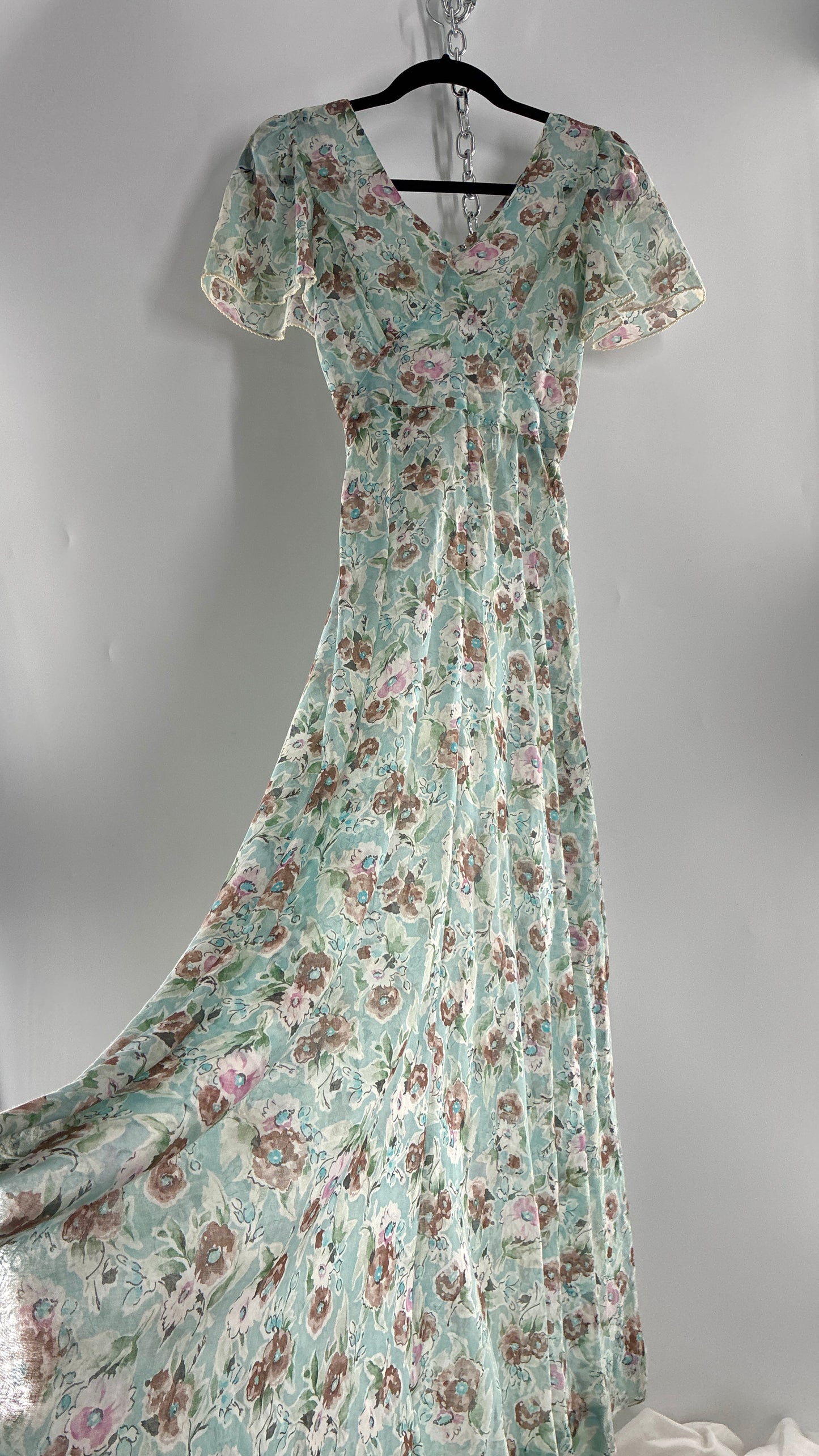 Handmade Vintage PLAIN JANE 1970s Voluminous Floral Gown with Bust Detail and Open Back (XS)