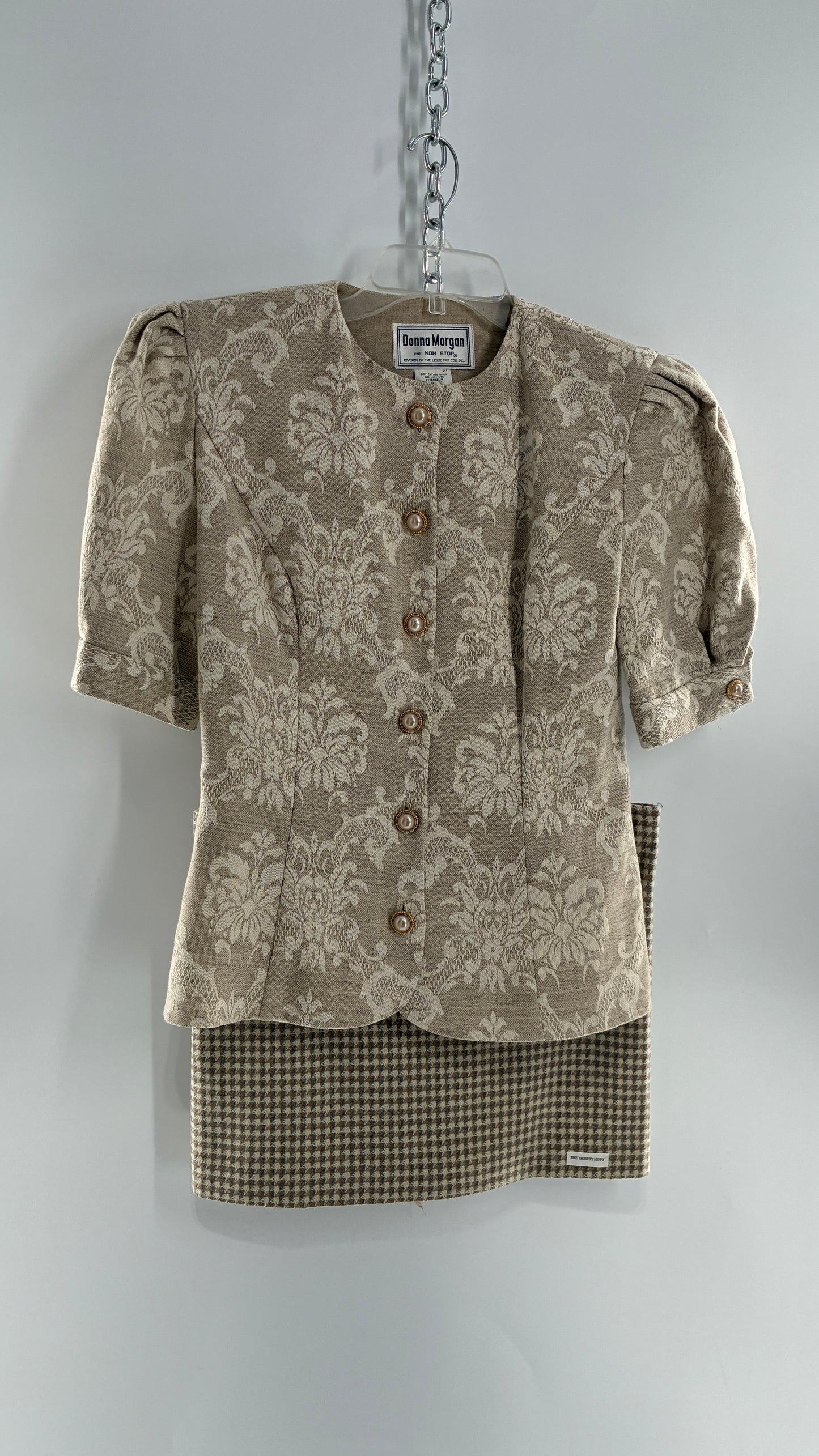 Vintage Suit Set with DONNA MORGAN Jacquard Puff Sleeves Tailored Slim Waist Suit Jacket with Upcycled Woven Mini Skirt (6)