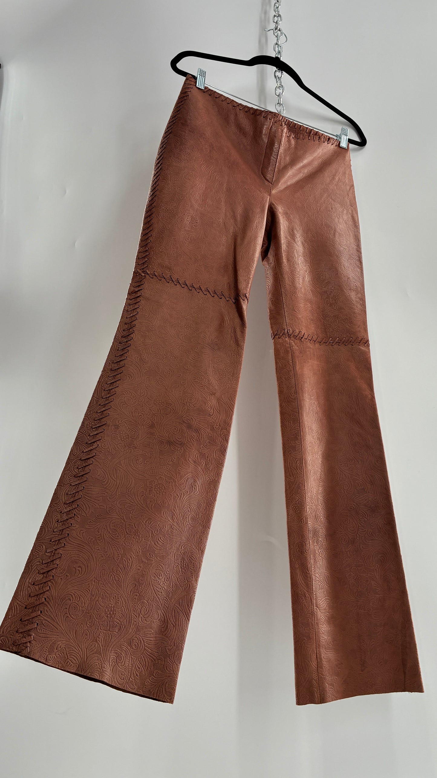 Vintage Embossed Paisley Patterned Genuine Leather Pants with Stitching Details (No Label Unbranded, S)