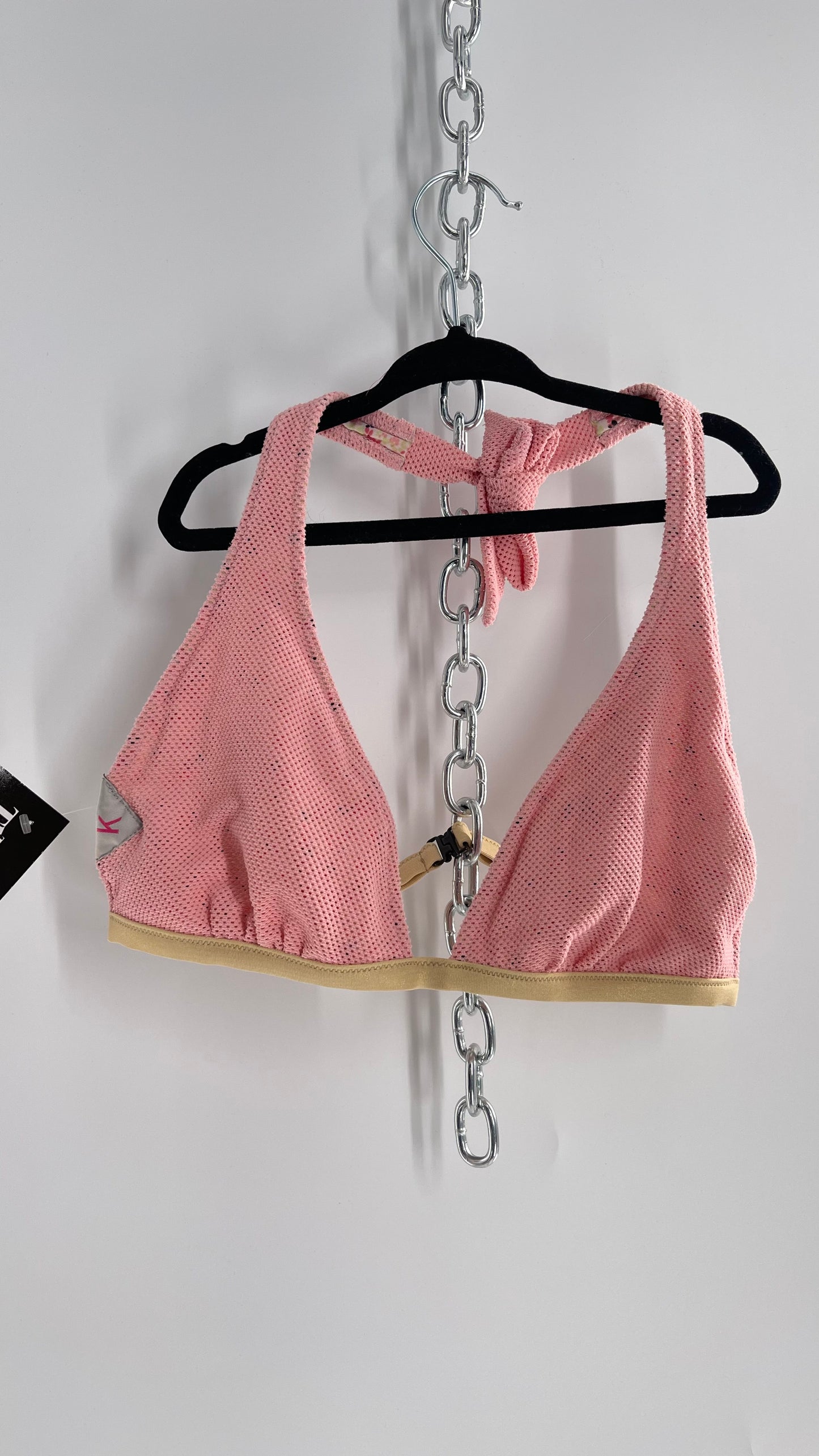 K ti per te Pink Floral and Mesh Halter Swim Top with Gold Glitter Strap (Medium)