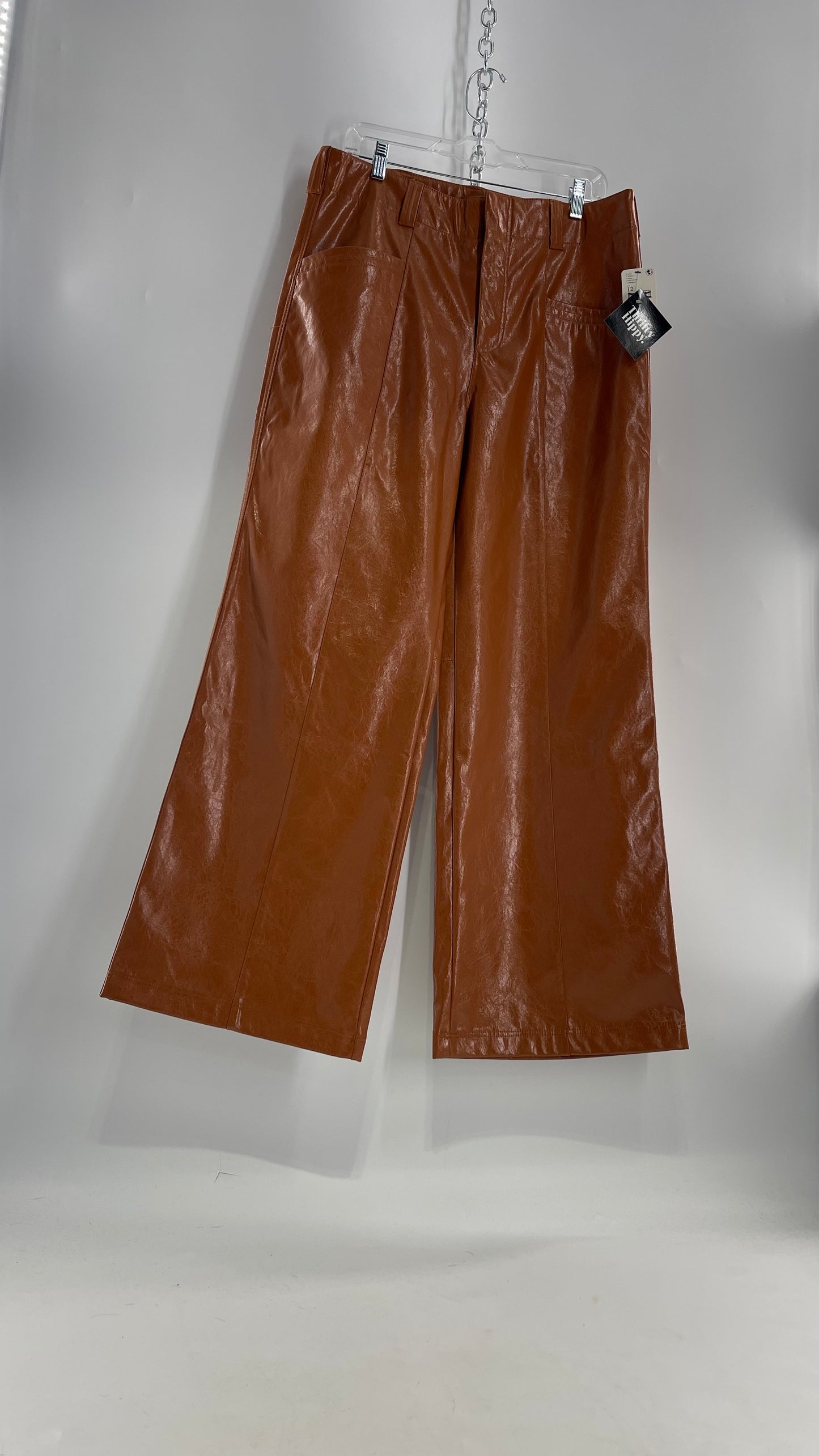 Free People Star Cross Lovers Cognac Brown Vegan Faux Leather Wide Leg Baggy Trouser(12)