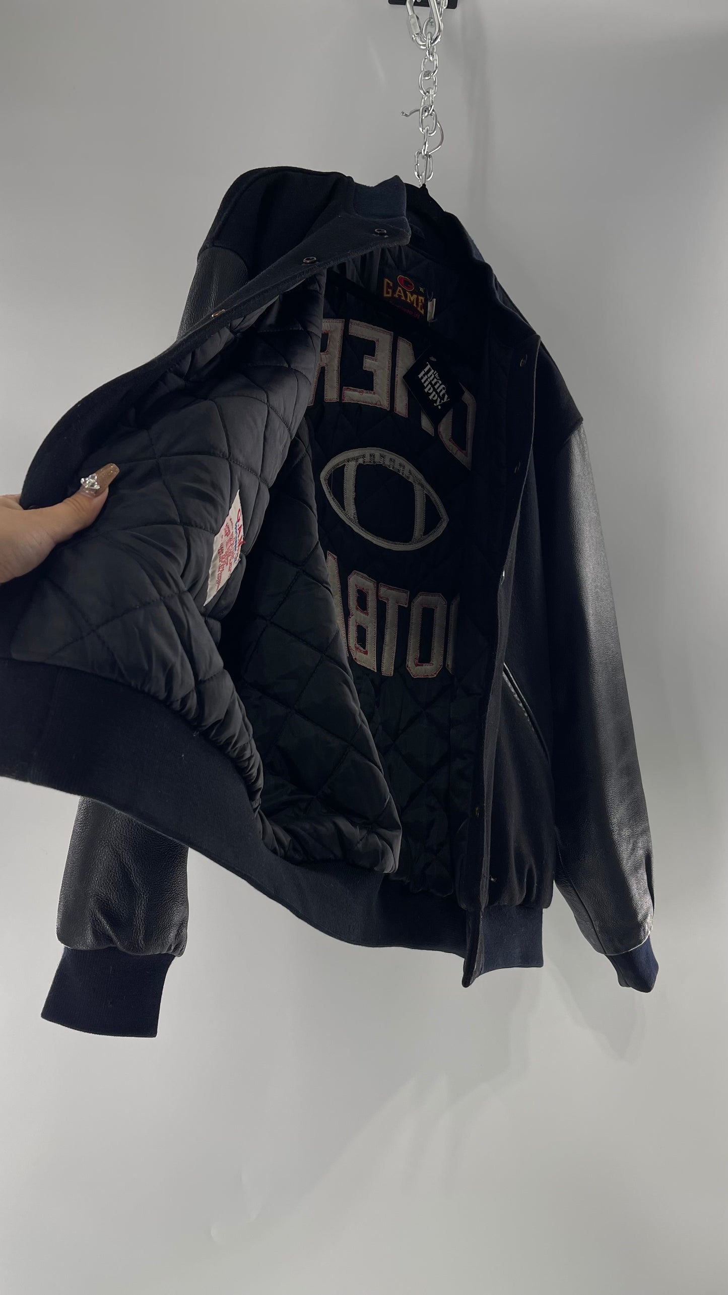 Vintage Somers Football Varsity Jacket with Leather Sleeves “Matt” Embroidery and Red Lettering (XL)
