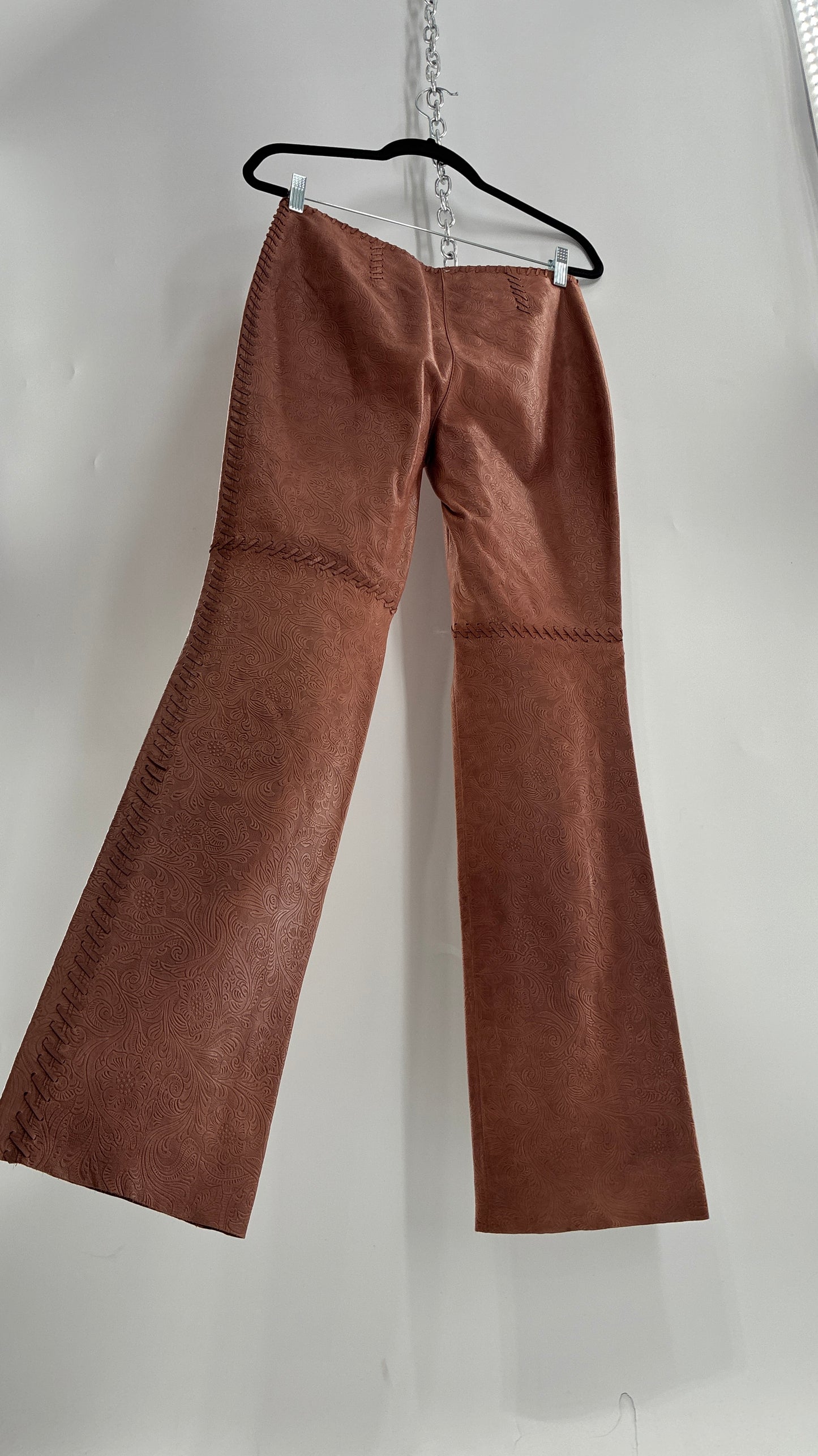 Vintage Embossed Paisley Patterned Genuine Leather Pants with Stitching Details (No Label Unbranded, S)