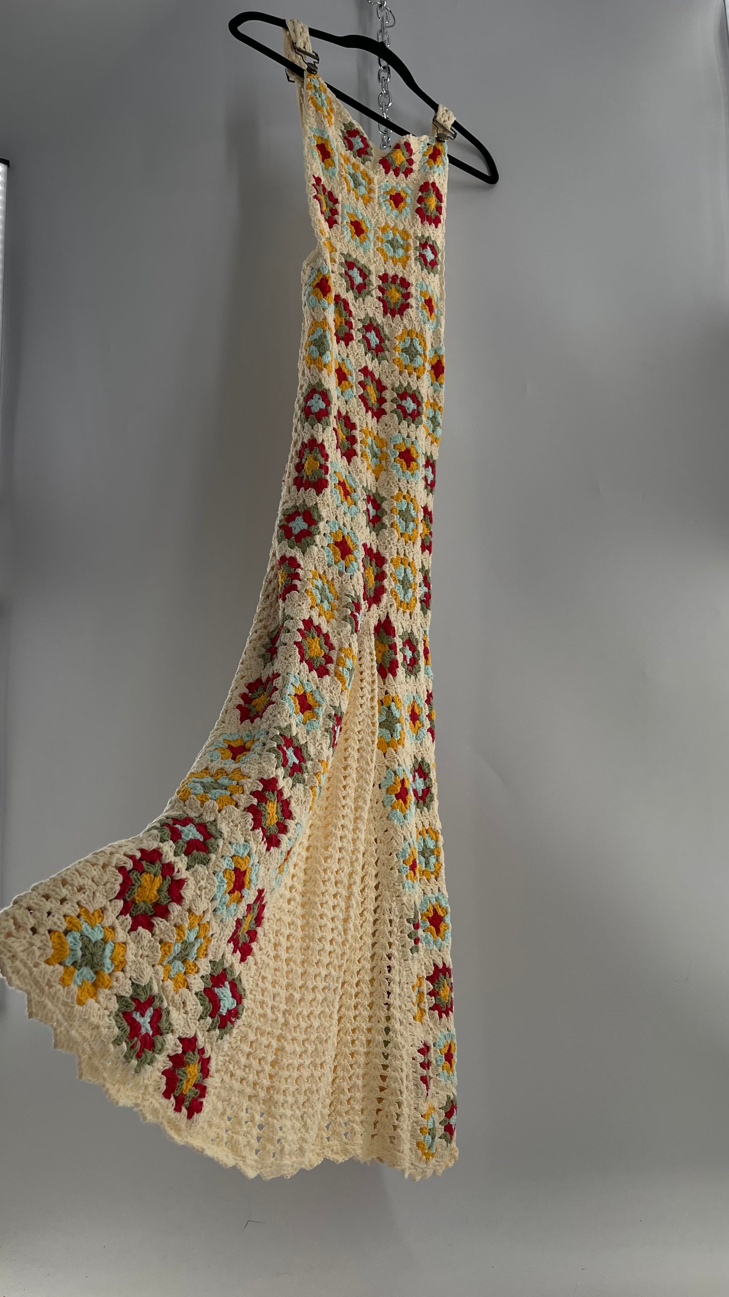 Free People Flook Beige Heavy Weight Crochet Granny Patchwork Overall Dress (Small)