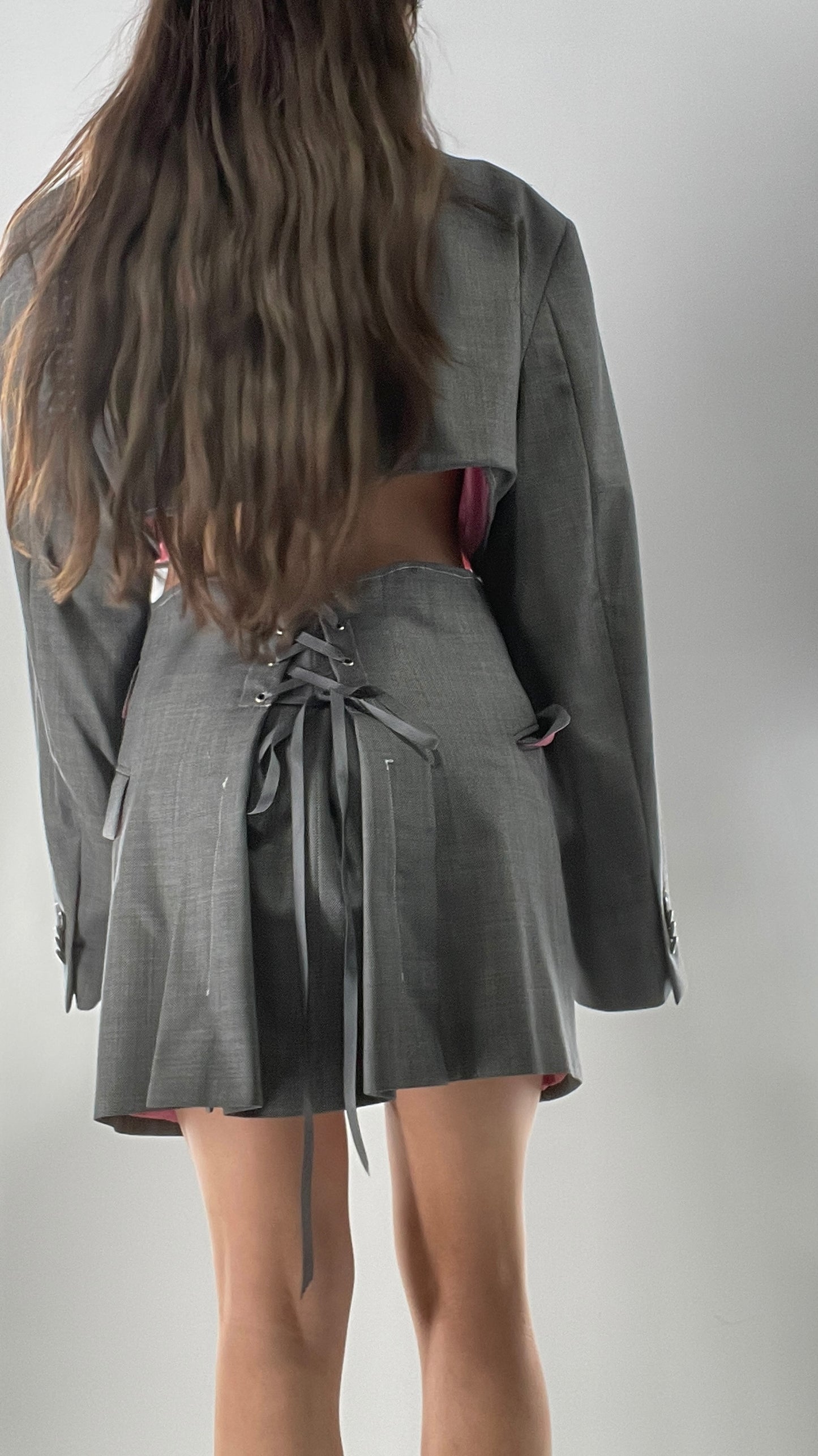 Custom Handmade Gray 2Piece Suit Set with Pink Satin Lining, Cropped Blazer, and Corseted Skirt (S-L)
