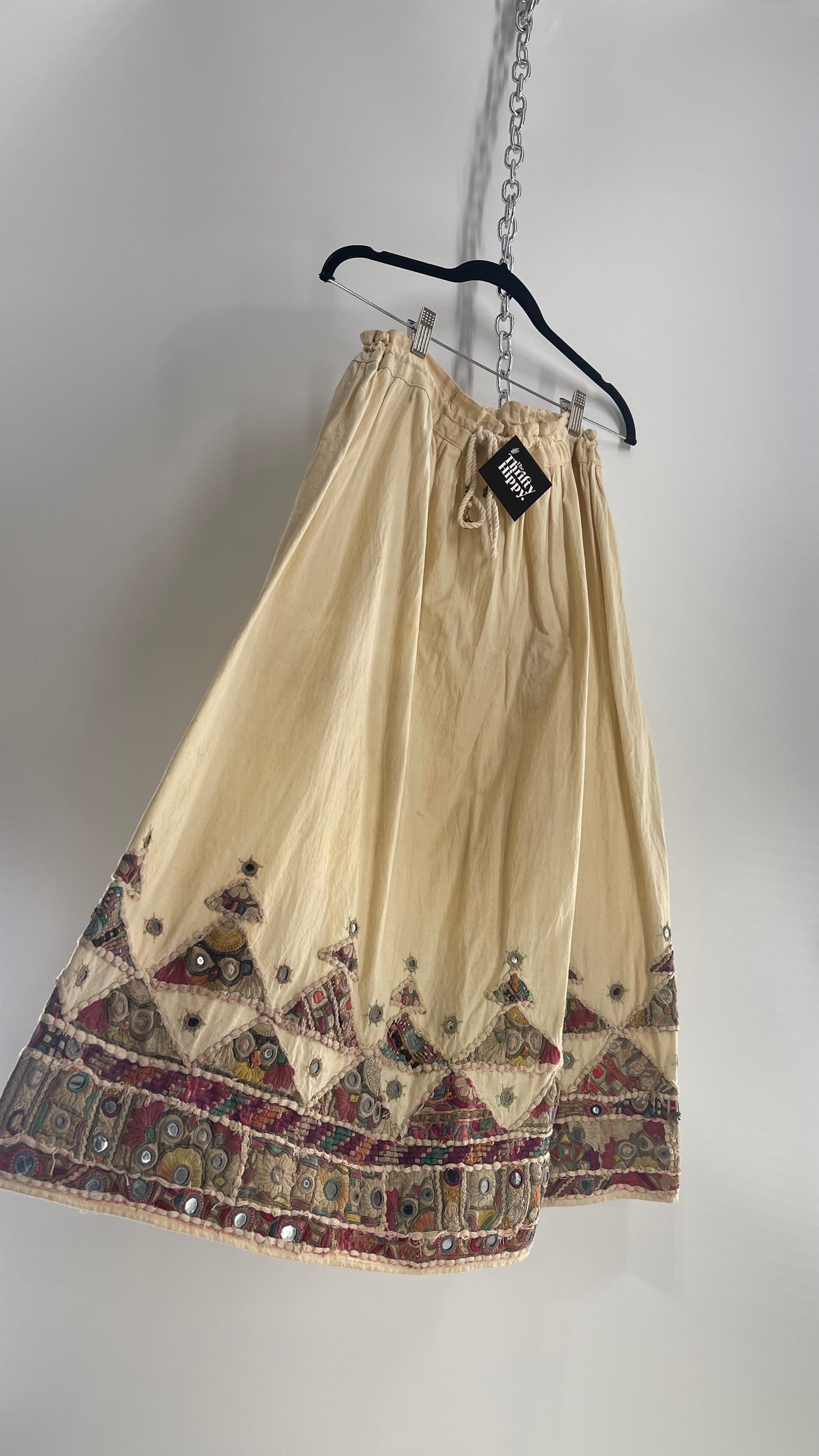 Vintage Imported Hand Stitched Skirt with Embroidered, Patchwork and Mirror Details (S/M Drawstring Waist)