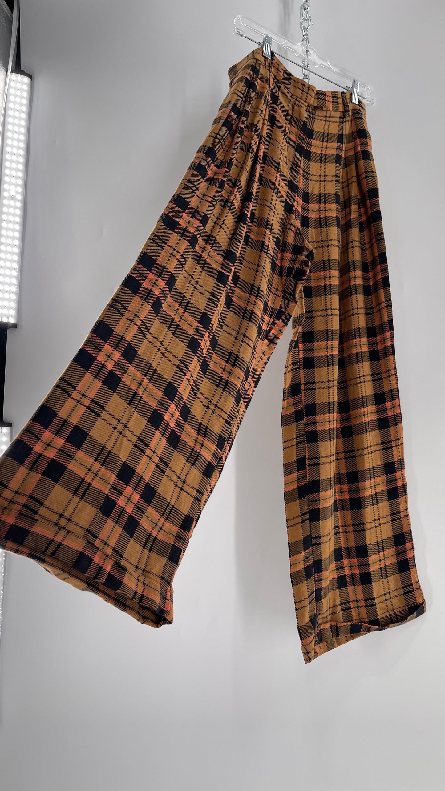 Free People Mustard,Salmon, Black Plaid High Waisted Wide Leg Trouser with Pleating (4)