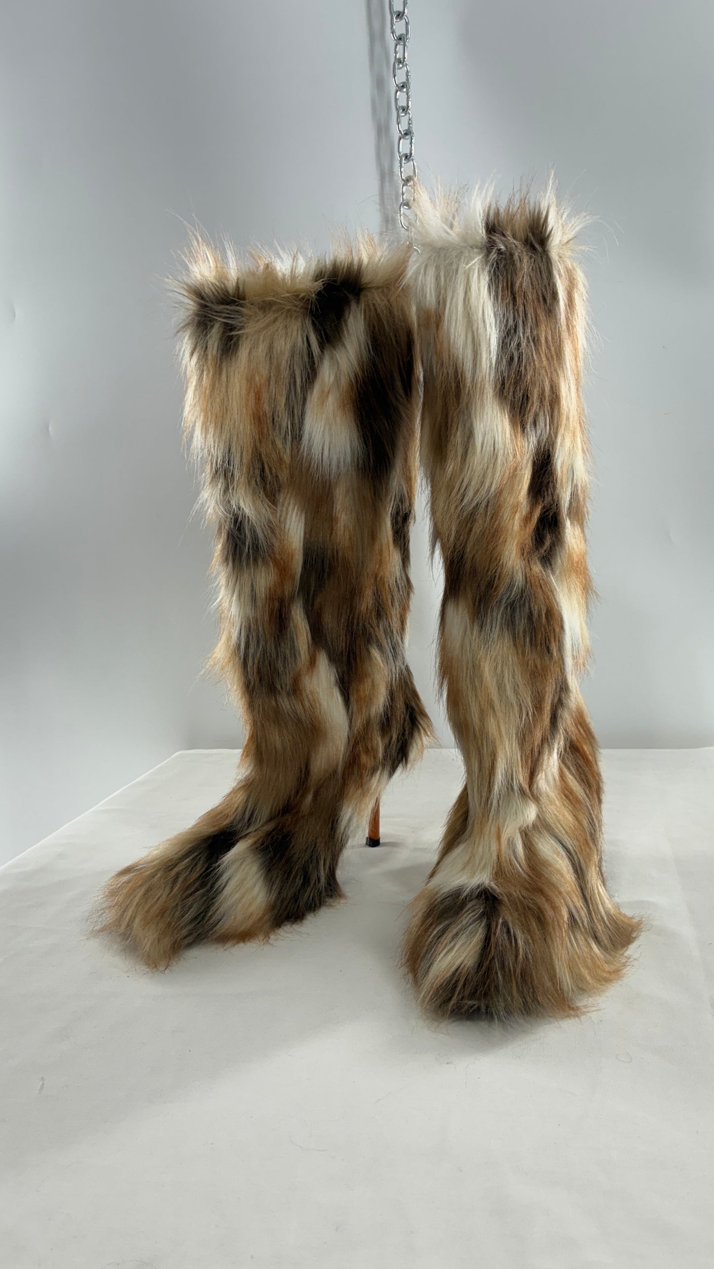 Vintage Mixed Tone Vegan Fur, Knee High, Pointed Toe Boots (43)