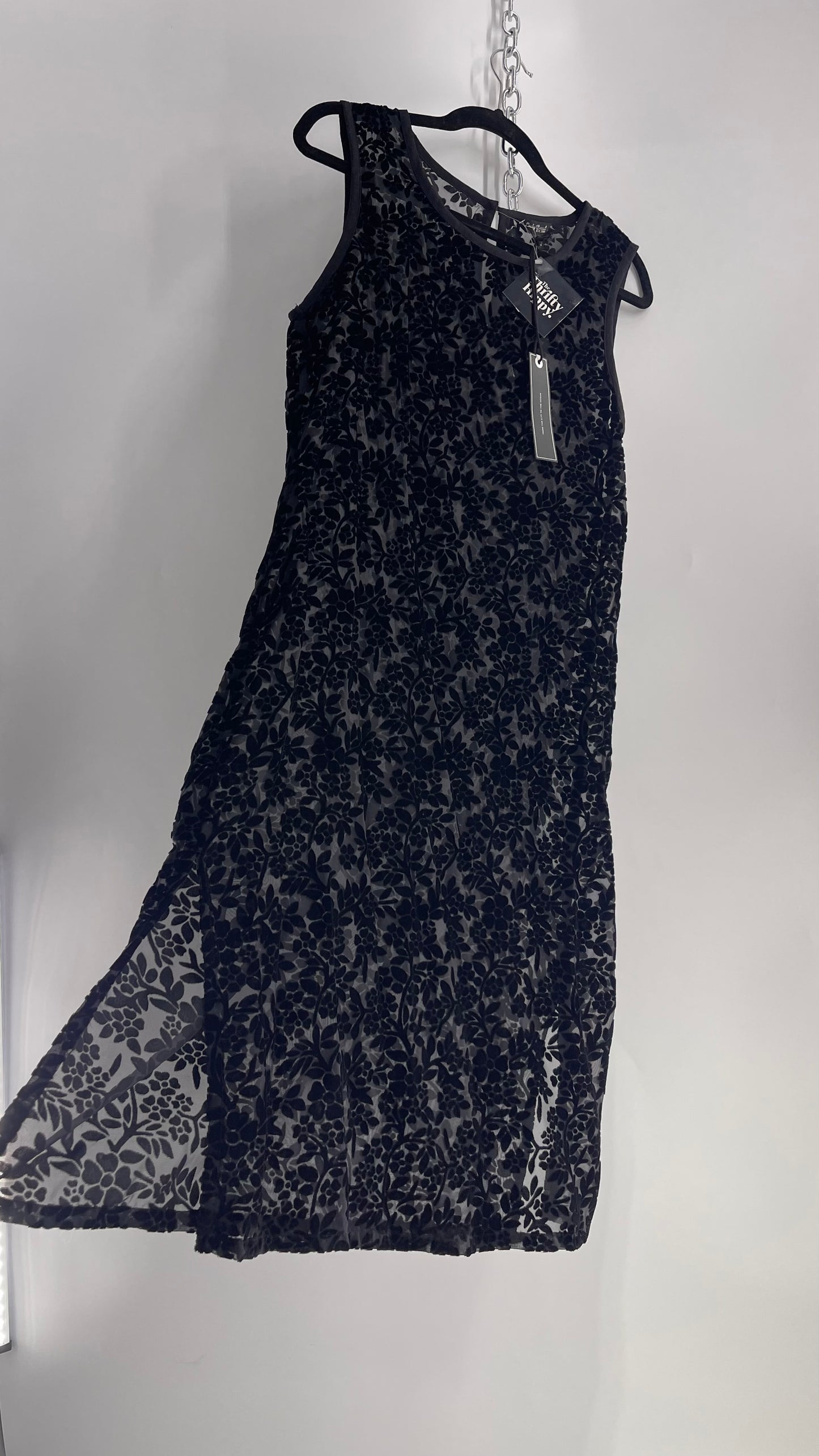 Lucky Brand Black Sheer Patterned Floral Velvet Midi Dress with Tags Attached (Medium)