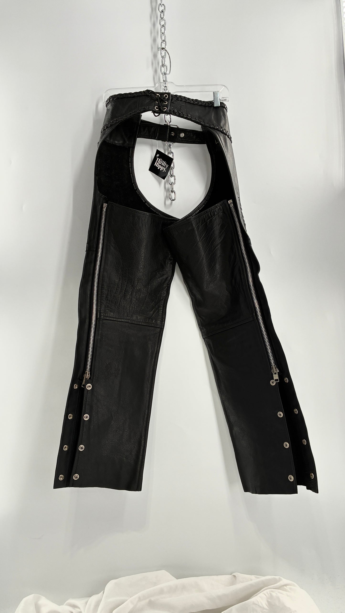 Vintage AMERICAN LEATHER Black Motorcycle Chaps/Pants with Mini Pocket, and Side Zipper Detailing (XS)