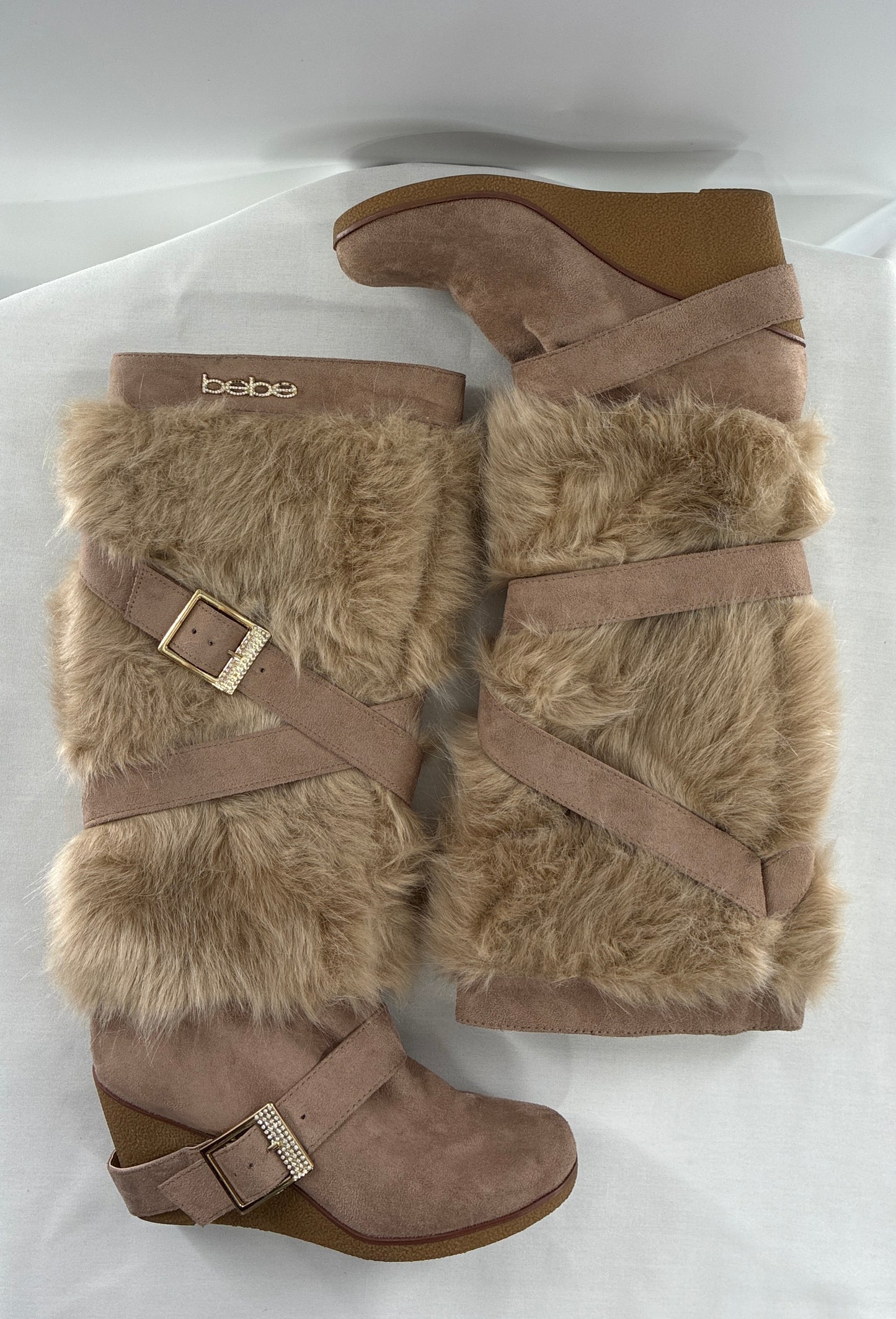 Vintage BEBE Wedge Heel Knee High Vegan Fur, Strappy Boots (6)