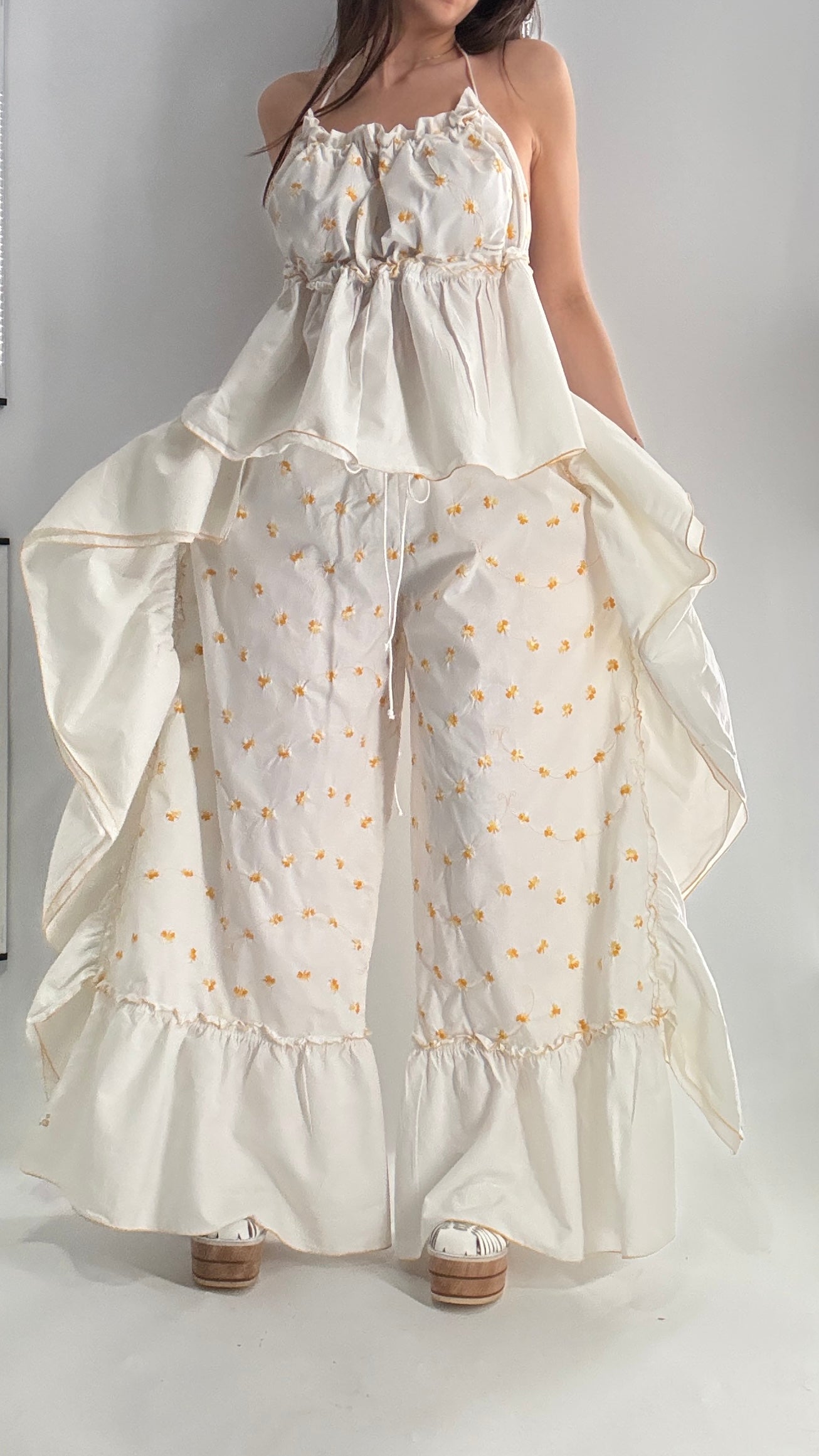 Vintage Handmade Angeline 2pc Set with Ruffled Pant, Embroidered Daisy Pattern, and Bustier Camisole with Adjustable Drawstring Bustline and Waistline (XS-L)