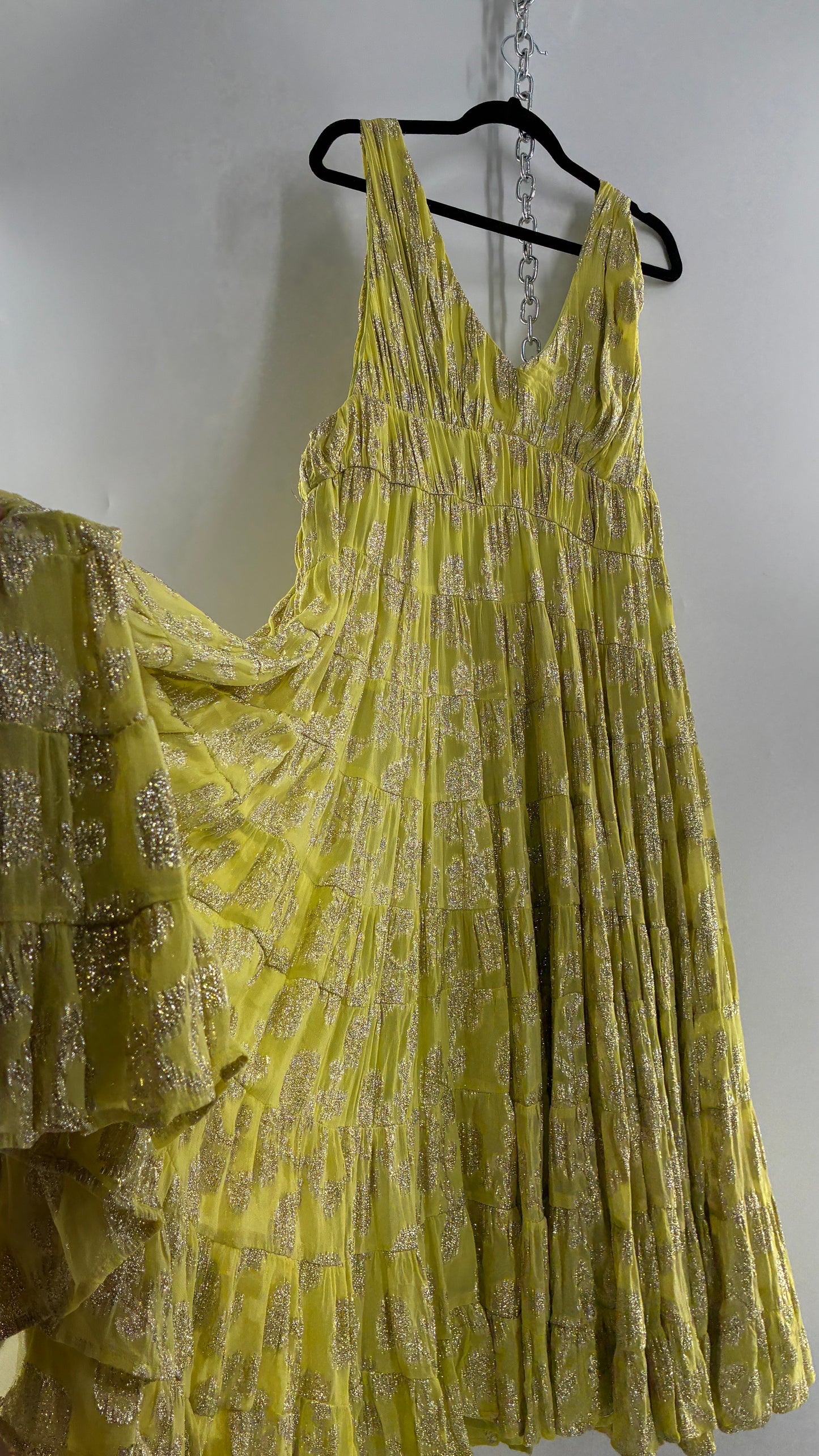 LET ME BE Lime Yellow/Green Ultra Voluminous Tiered Dress with Gold Metallic Jacquard Appliqué Pattern (XL)