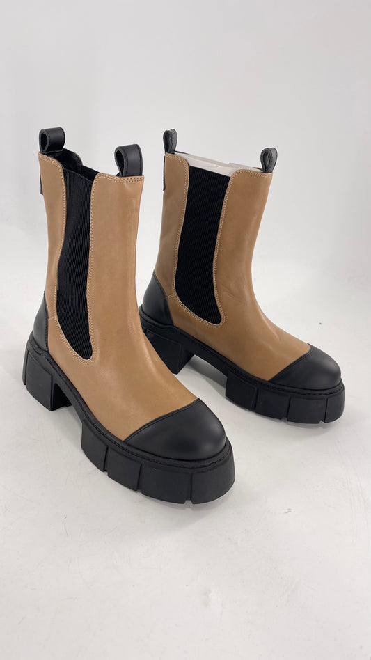 Free People James Chelsea Boot Tan with Chunky Heel and Raised Platform Sole (37.5)