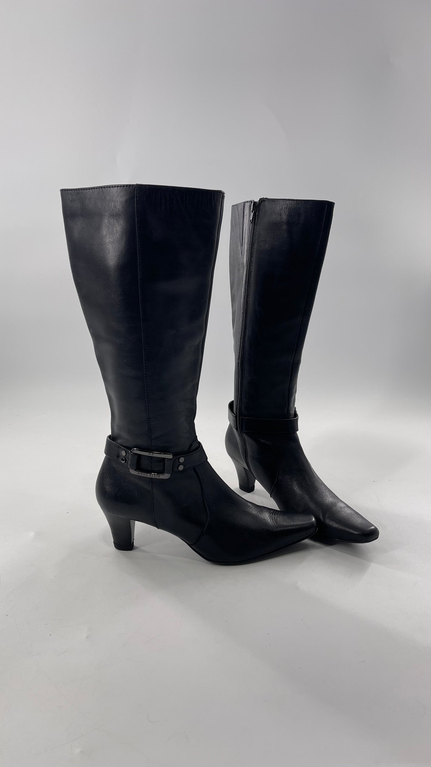 Vintage Black Anne Klein Leather Knee High Boots with Pointed Toe and Ankle Metal Buckle Detail (8)