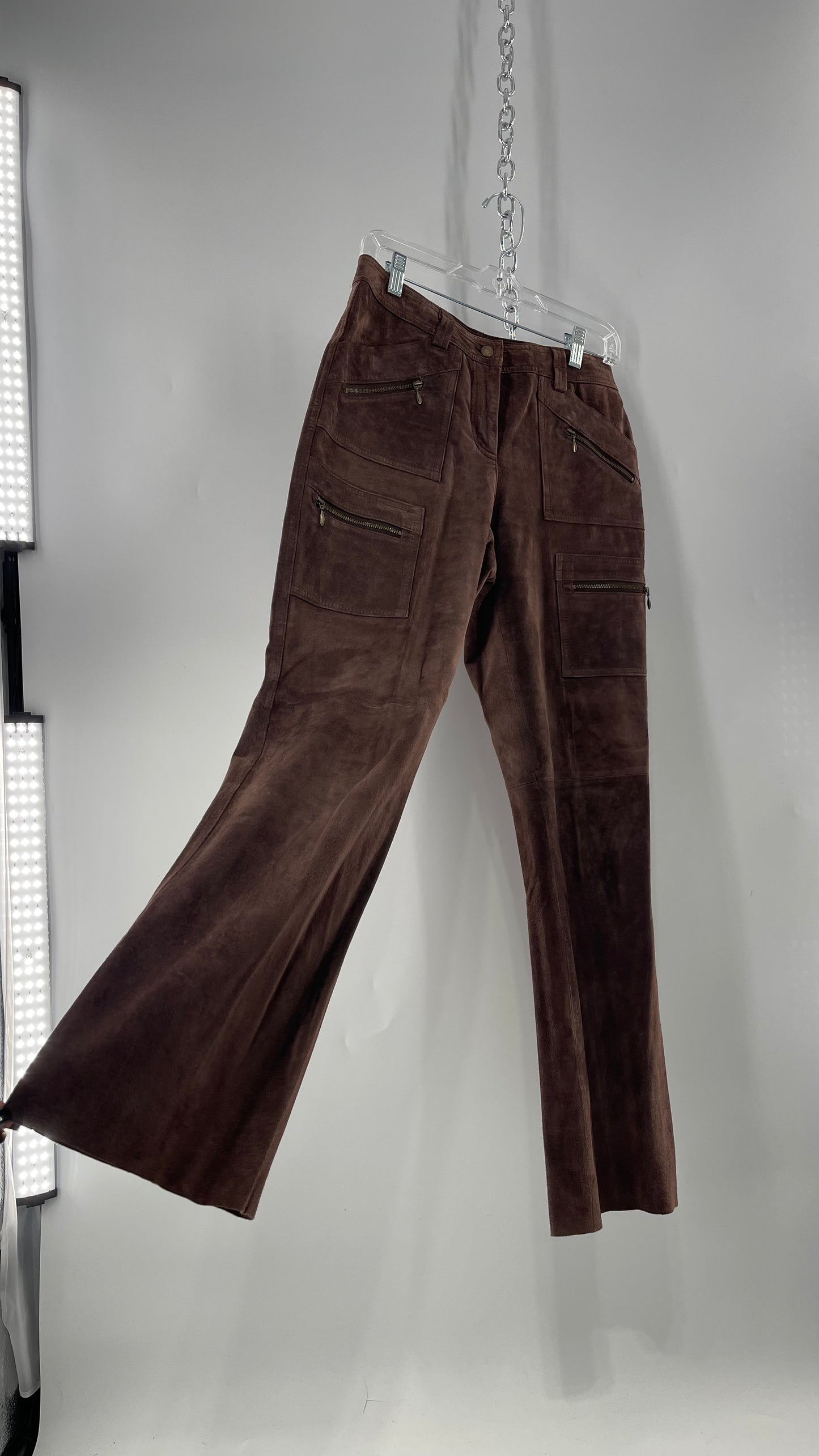 Vintage Context Petit Brown Suede Straight Leg Cargos with Pockets and Bronze Zippers (8P)