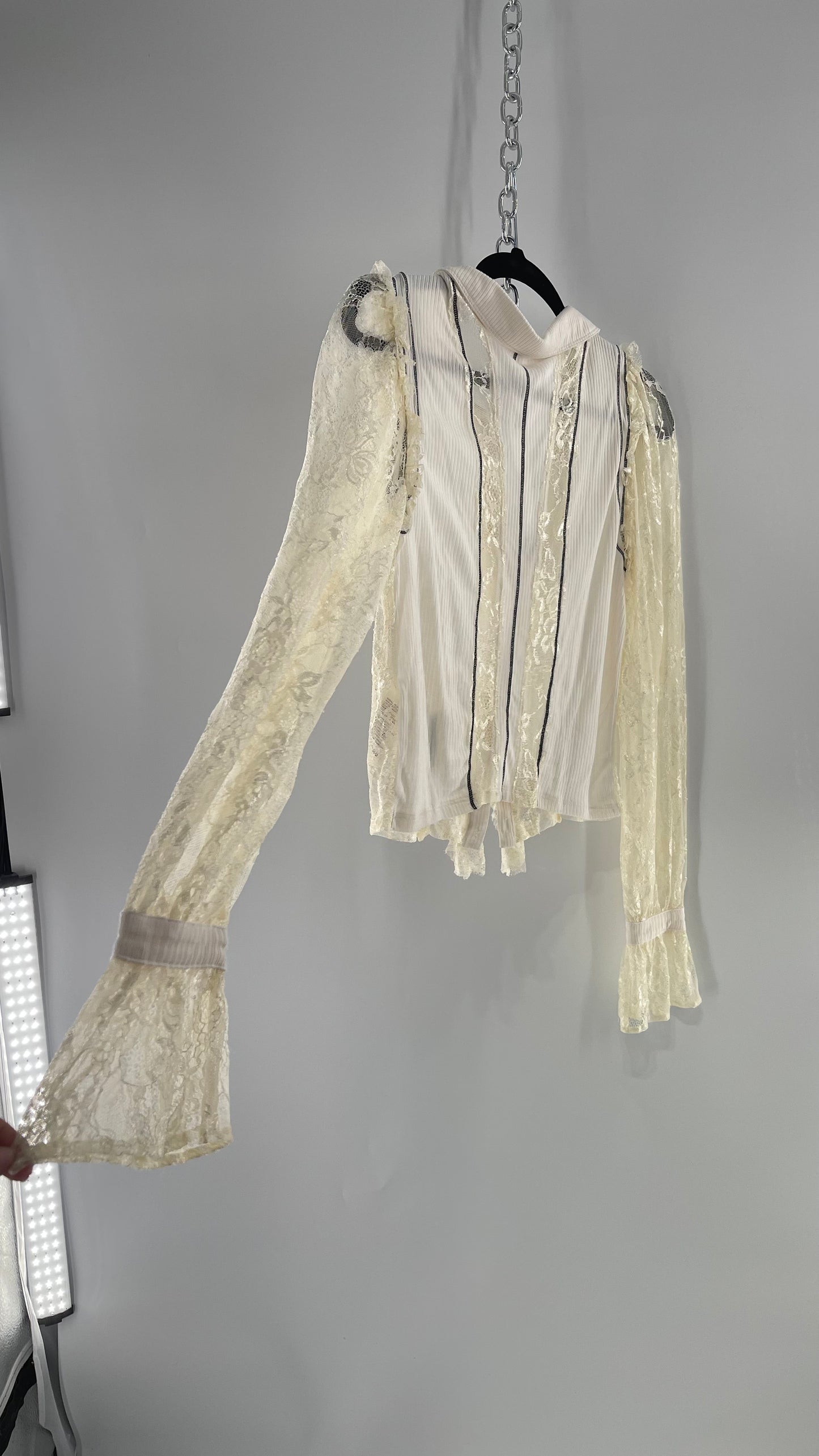 Free People White Lace/Ribbed BodyCon Button Up with Tags Attached (Large)