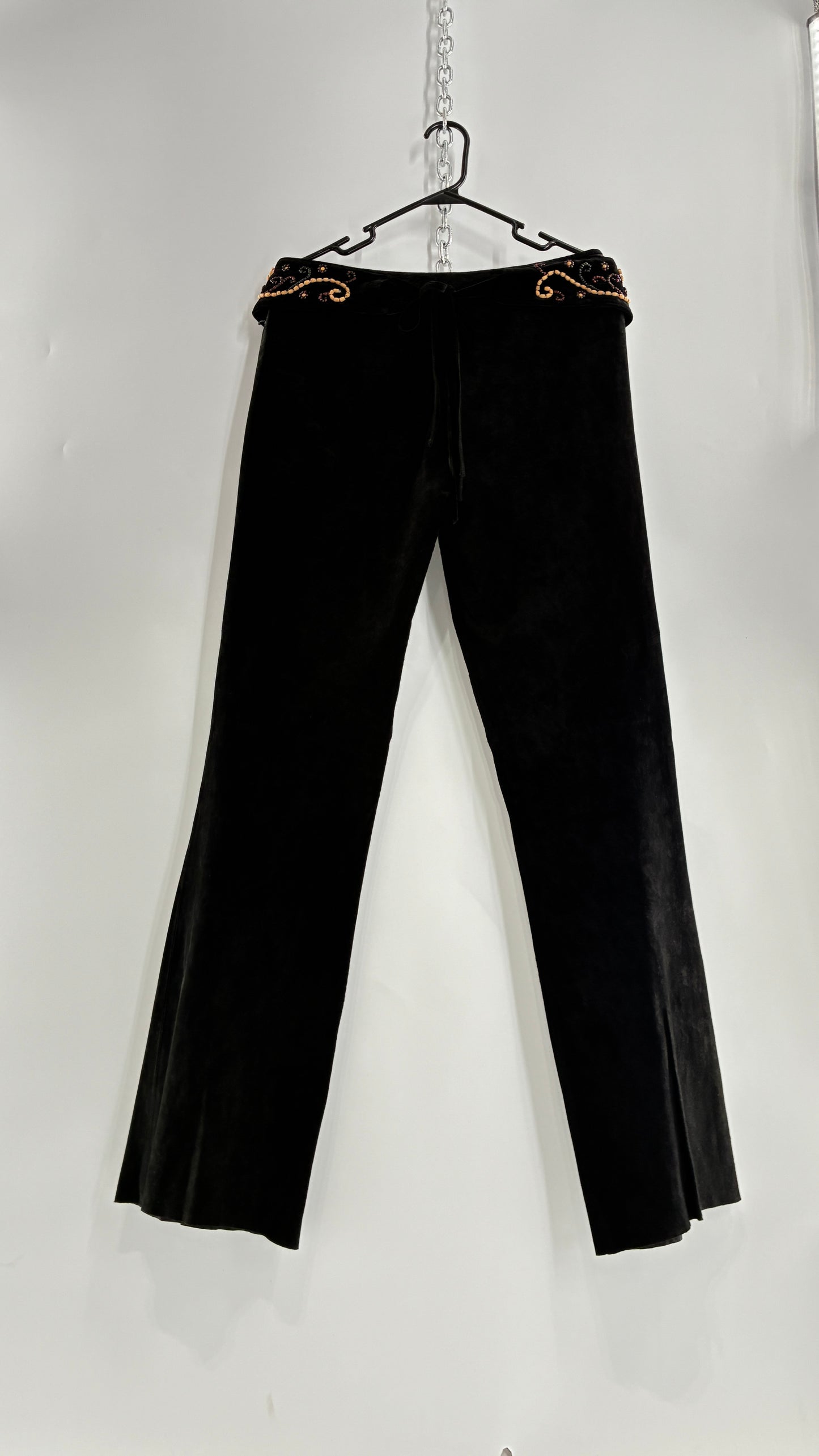 Vintage Margaret Godfrey Black Genuine Suede Leather Kick Flares with Wide Beaded Belt (10)