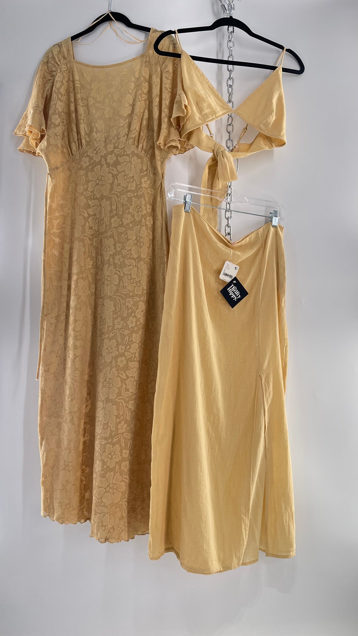 Free People Yellow Lace Gauze Maxi Dress Set with Bralette and Side Grommet Skirt (Large)
