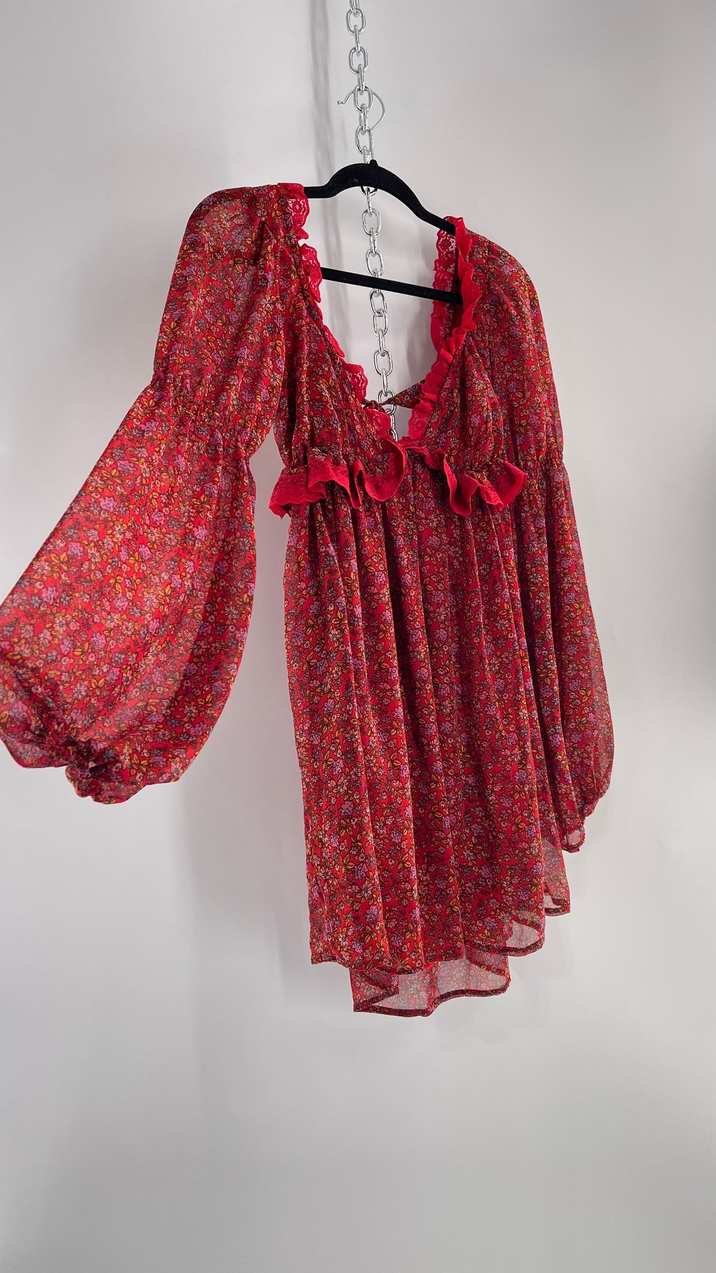 Free People Red Floral Mini Dress with Lace Trim, Open Back and Balloon Sleeves (Small)