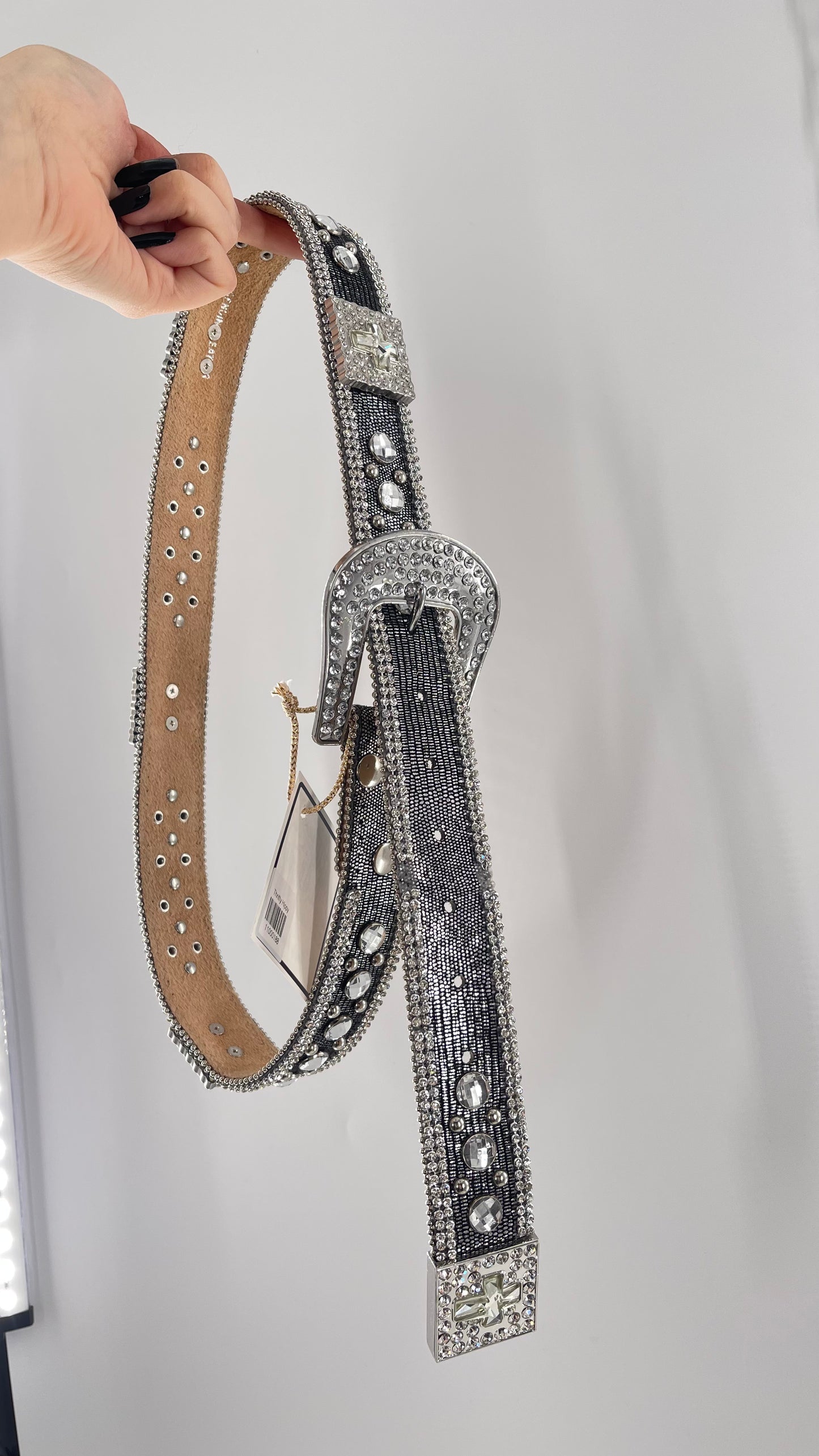 Free People Dark Silver Metallic Snake Print Belt covered in Crystal Embellishments and Heavy Metal Crosses (M)