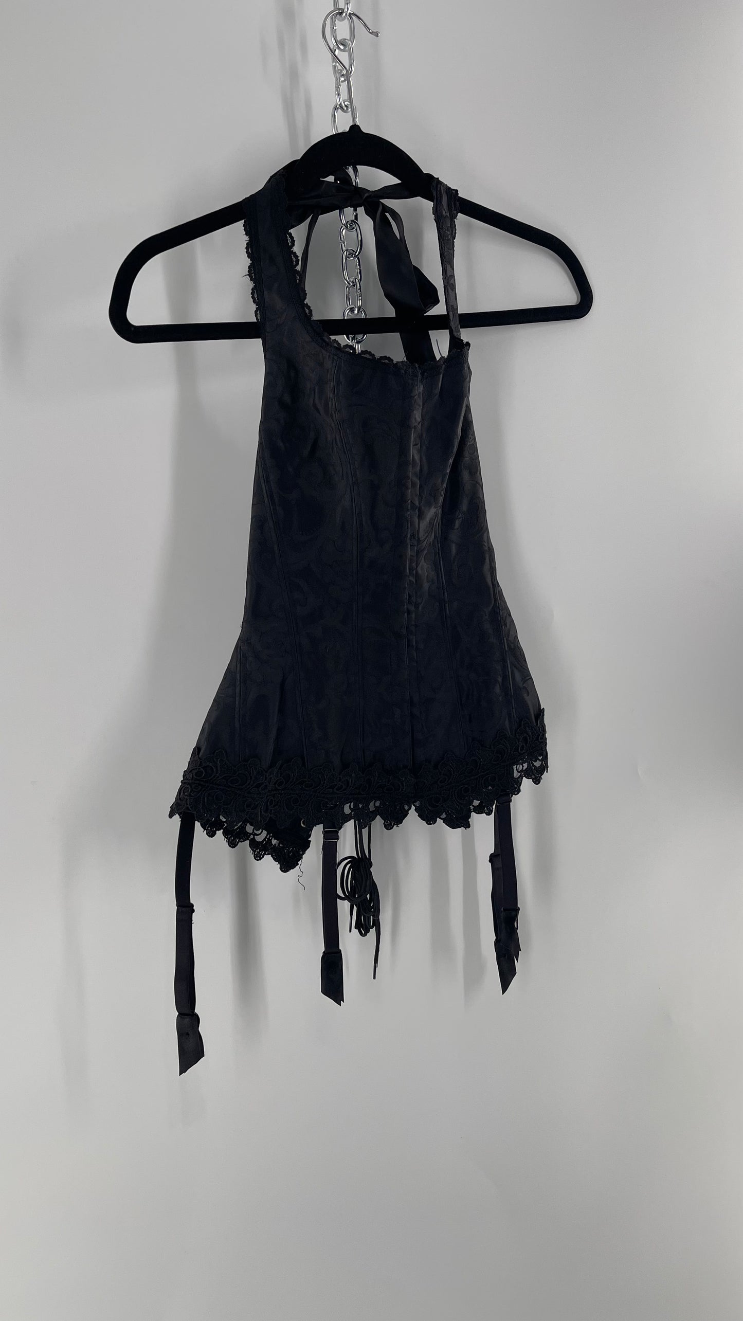 Vintage Fredericks of Hollywood Black Satin Brocade Lace Corset with Lace Tie Halter (32)