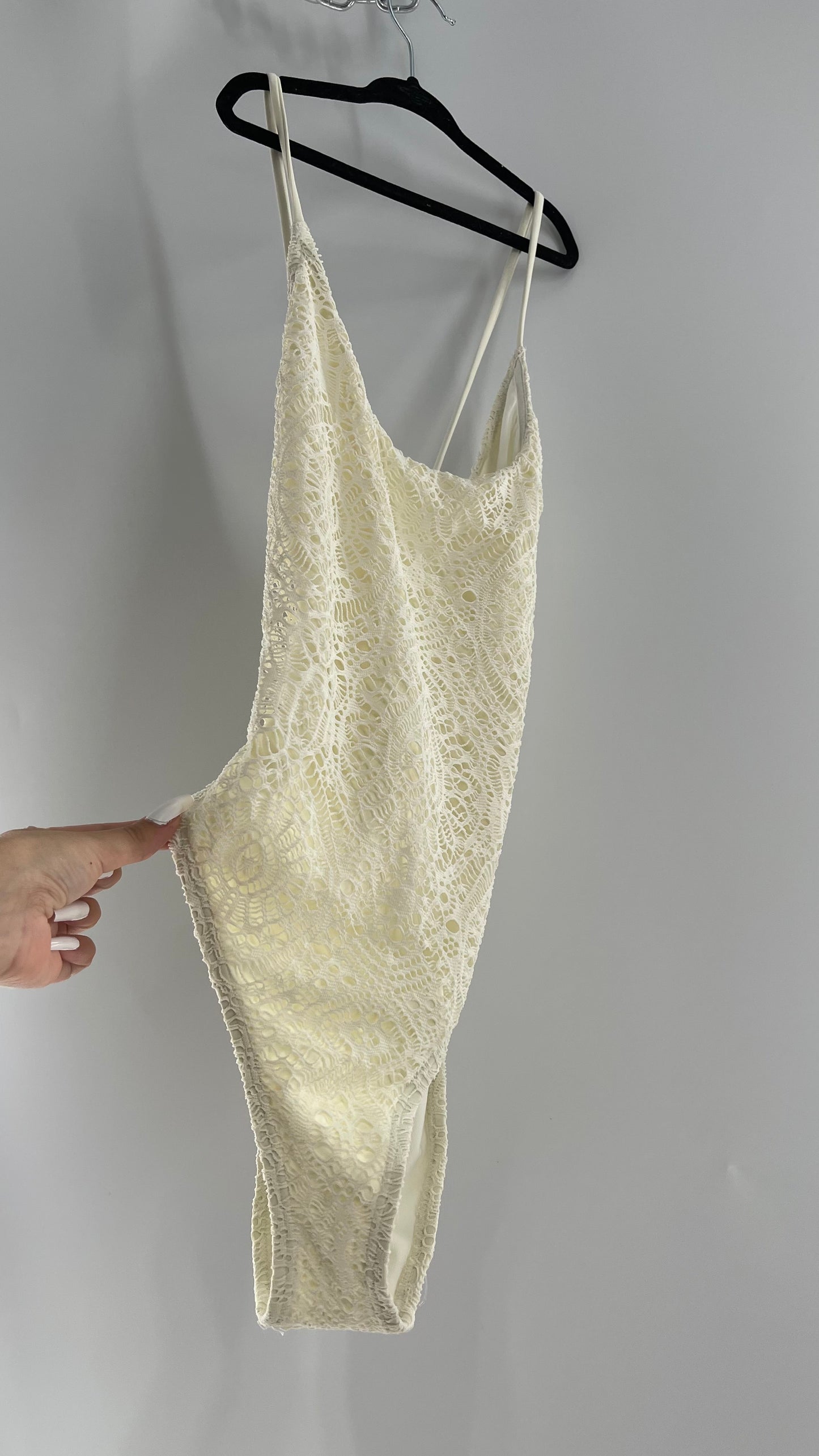 Urban Outfitters White Lace/Crochet Swimsuit with Lace Up Open Back (Medium)