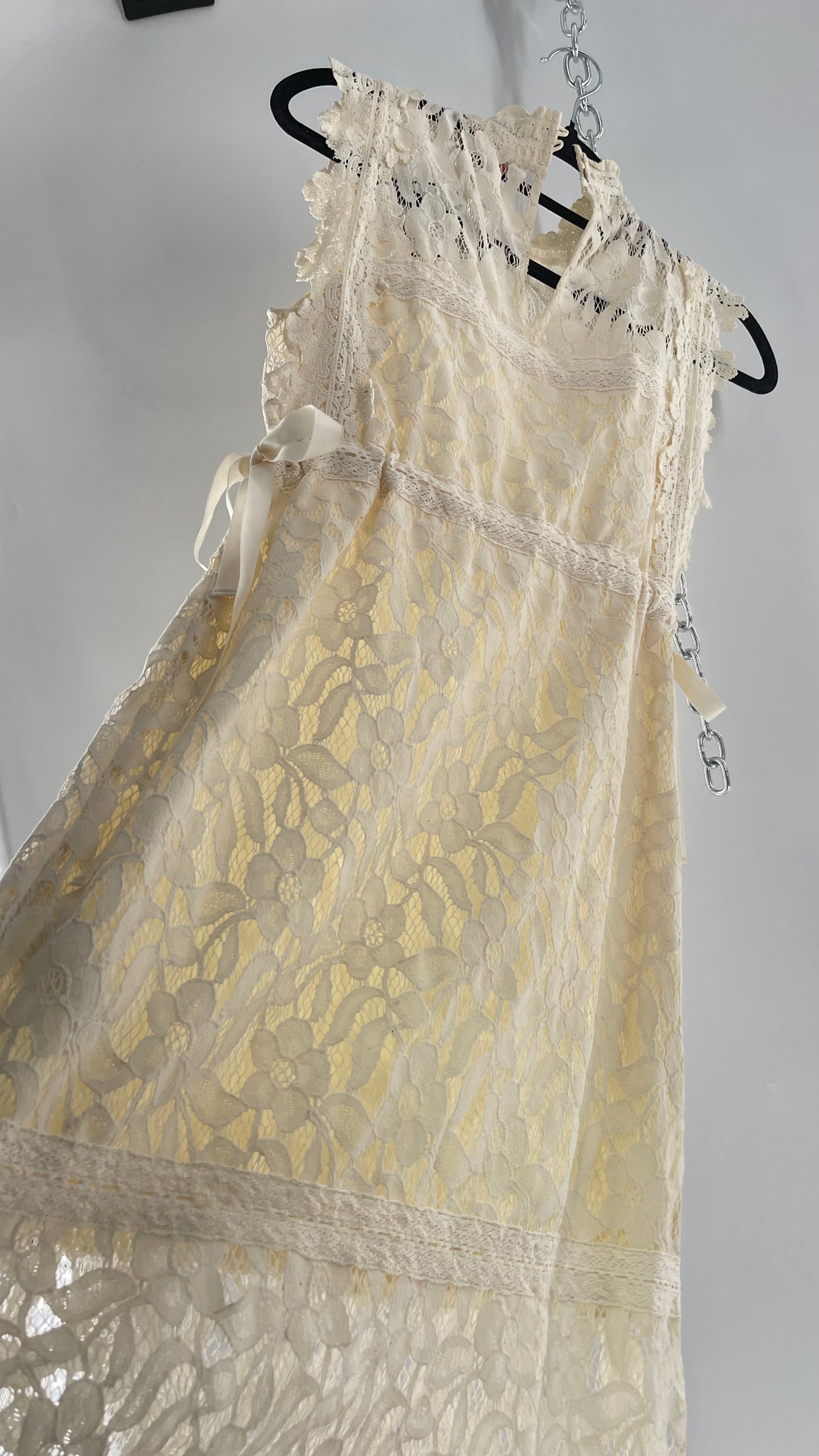 Eri + Ali Anthropologie Velvet Lace MIDI Dress with High Neckline and Side Bow Ties(XS)