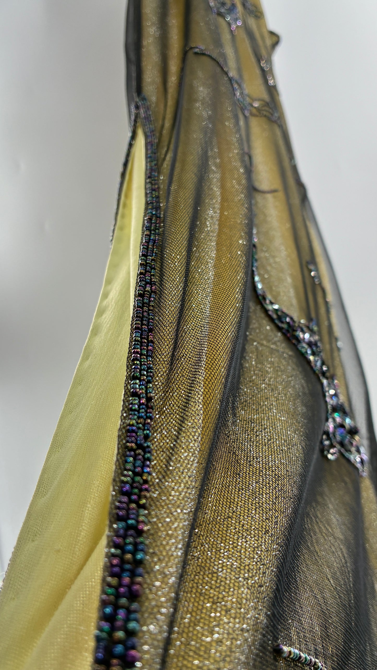 Vintage 1990s One of a Kind Handmade, Green Gown with Beaded Koi Fish, Metallic Tulle Overlay, and Symmetric Back (Medium)