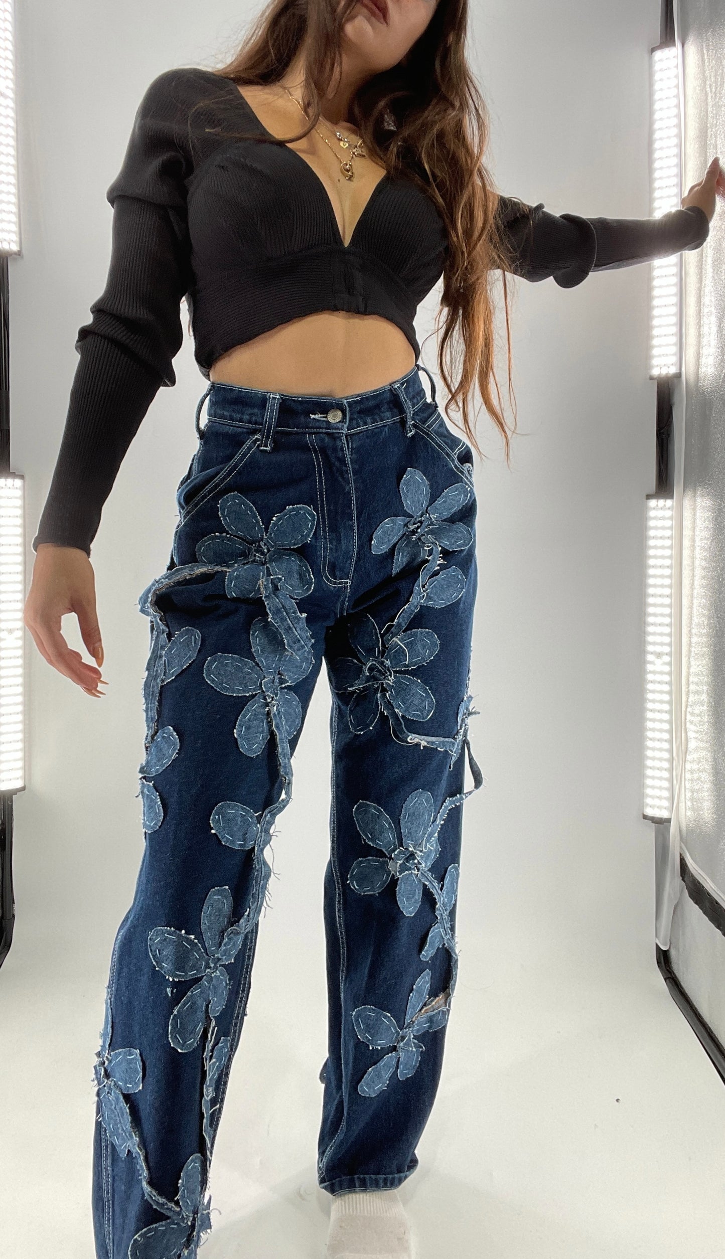 Handmade CUSTOM Dual Denim Tone Floral Vine Cargo Denims (S)
