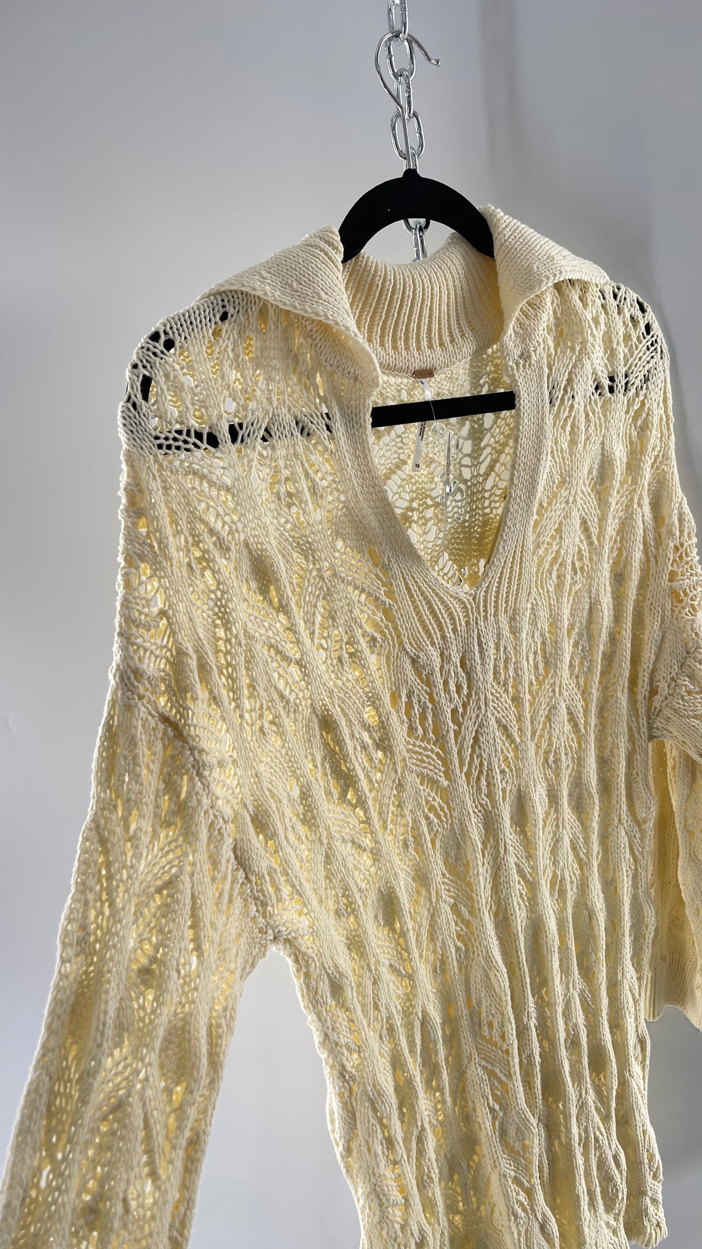 Free People Baby Yellow Comfy n Cozy Open Stitch Knit Sweater Dress (XS)