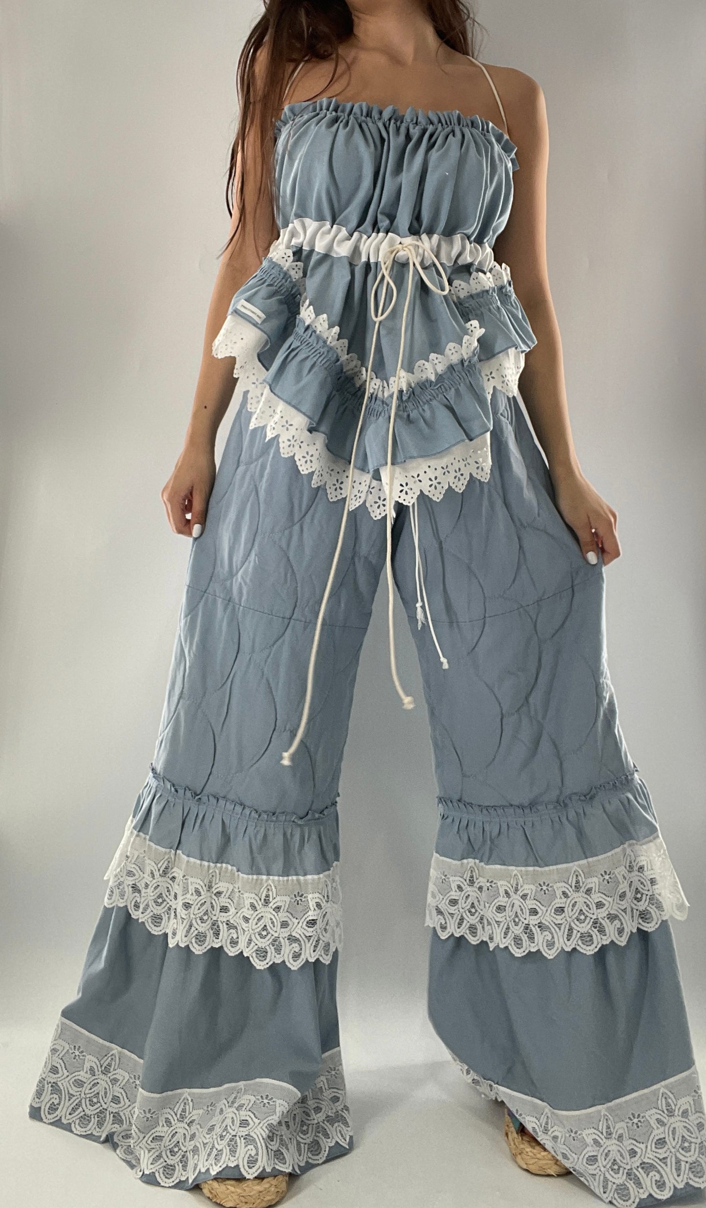 Vintage 2 Piece Powder Blue Set Featuring 2Way Blouse and Quilted Trousers Covered in Ruffles, Lace and Trim (One Size)