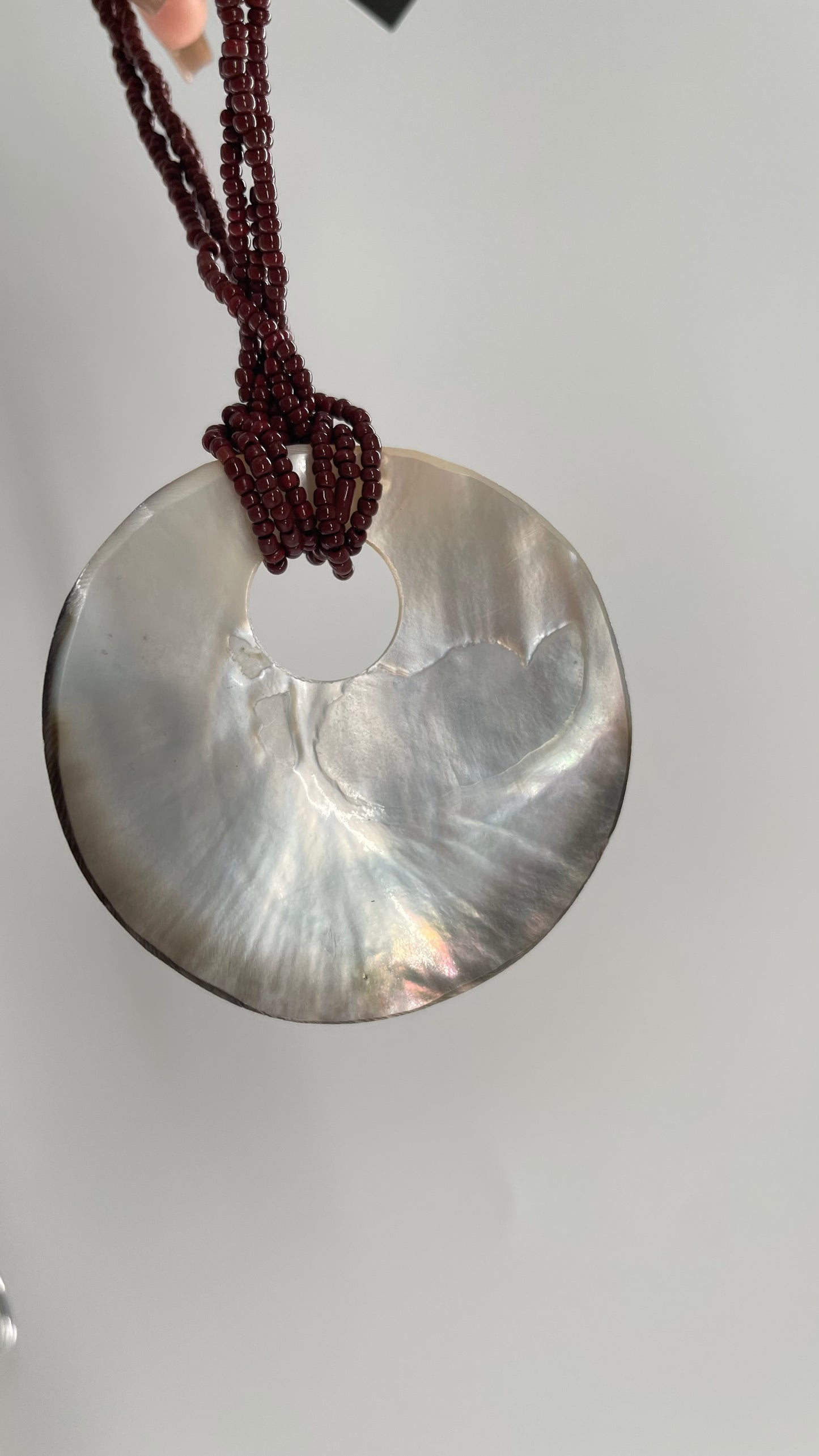 Vintage 1990s Burgundy Beaded Choker with Statement Iridescent Shell Pendant