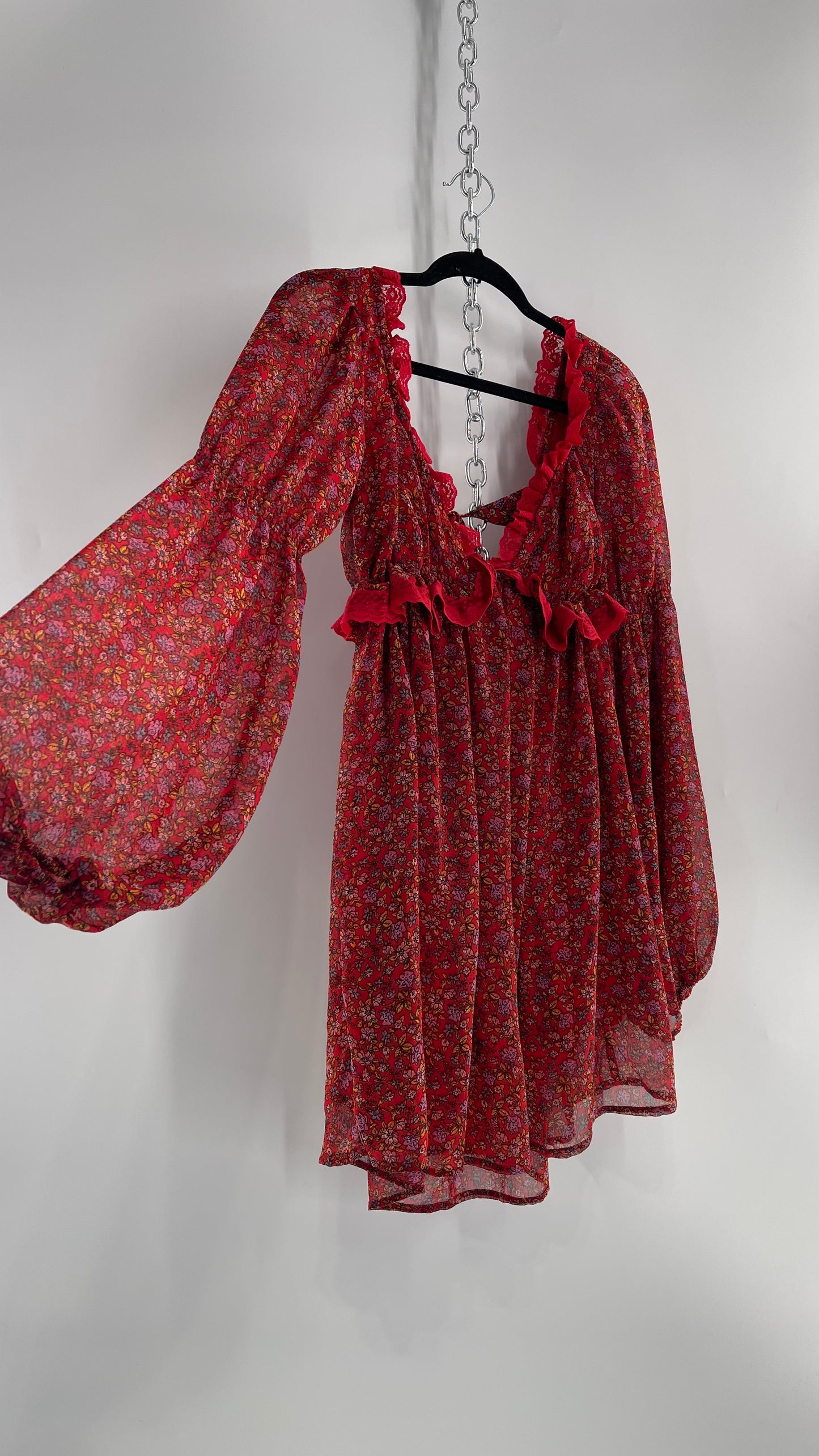 Free People Red Floral Mini Dress with Lace Trim, Open Back and Balloon Sleeves (Small)