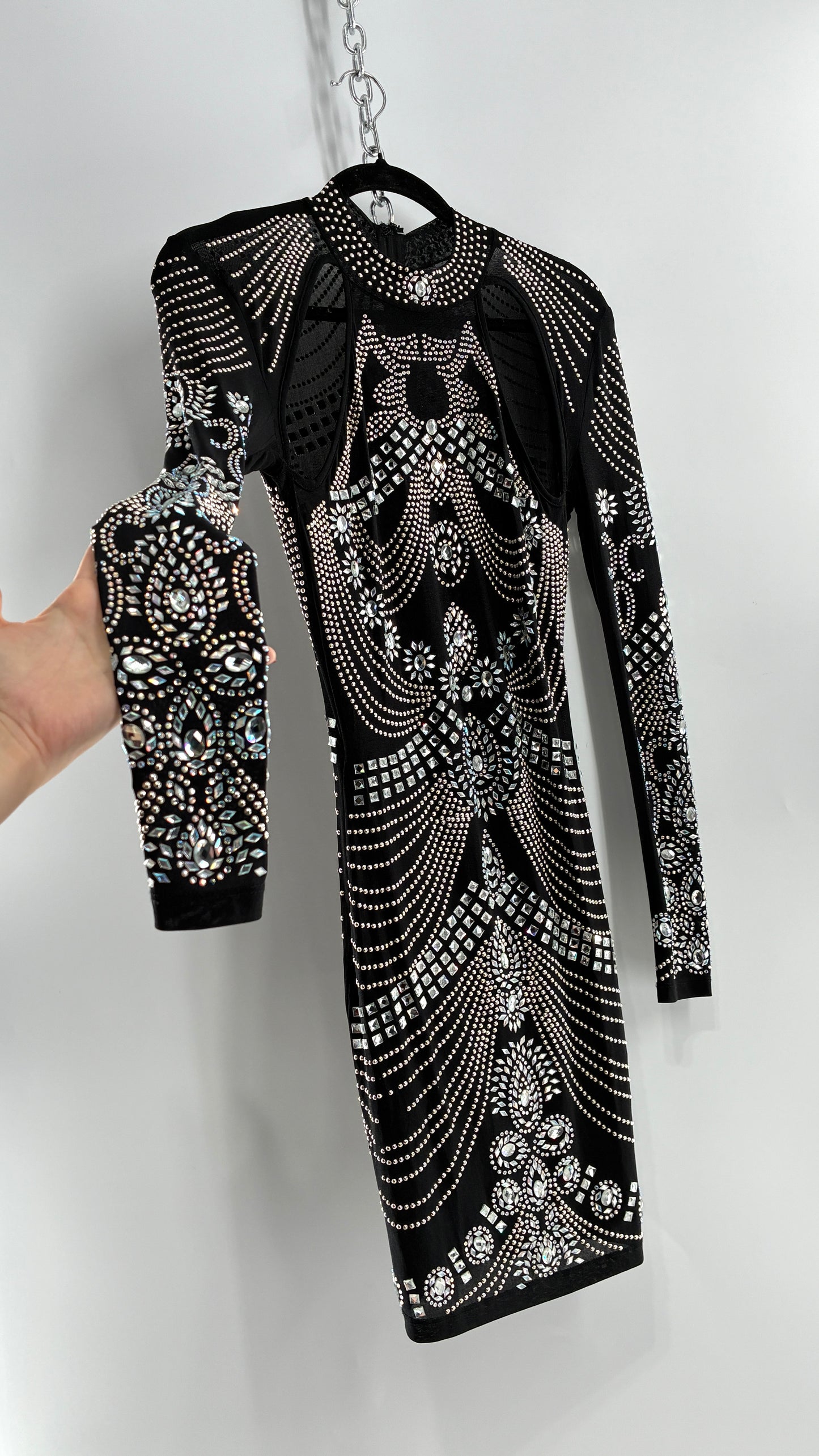 Black Bedazzled Mini Dress with Cut Out Details Covered in Gems (Small)