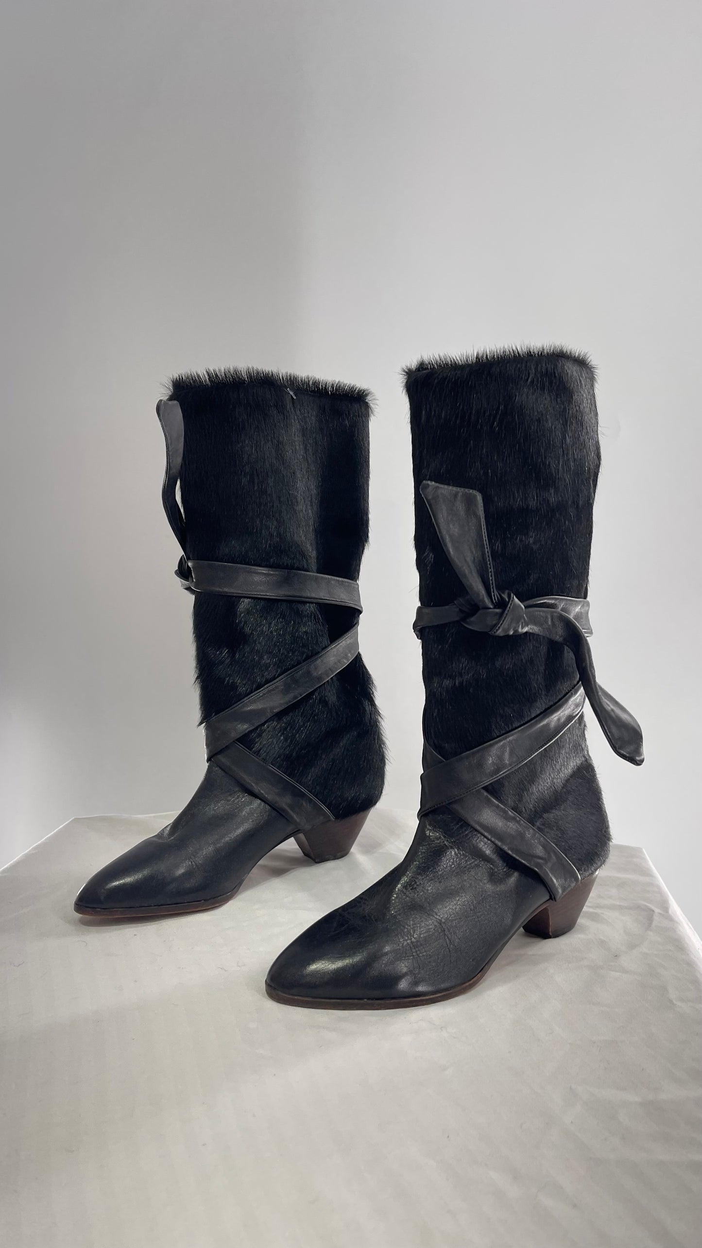 Vintage Nickels Black Italian Fur Boot with Leather Straps (7)