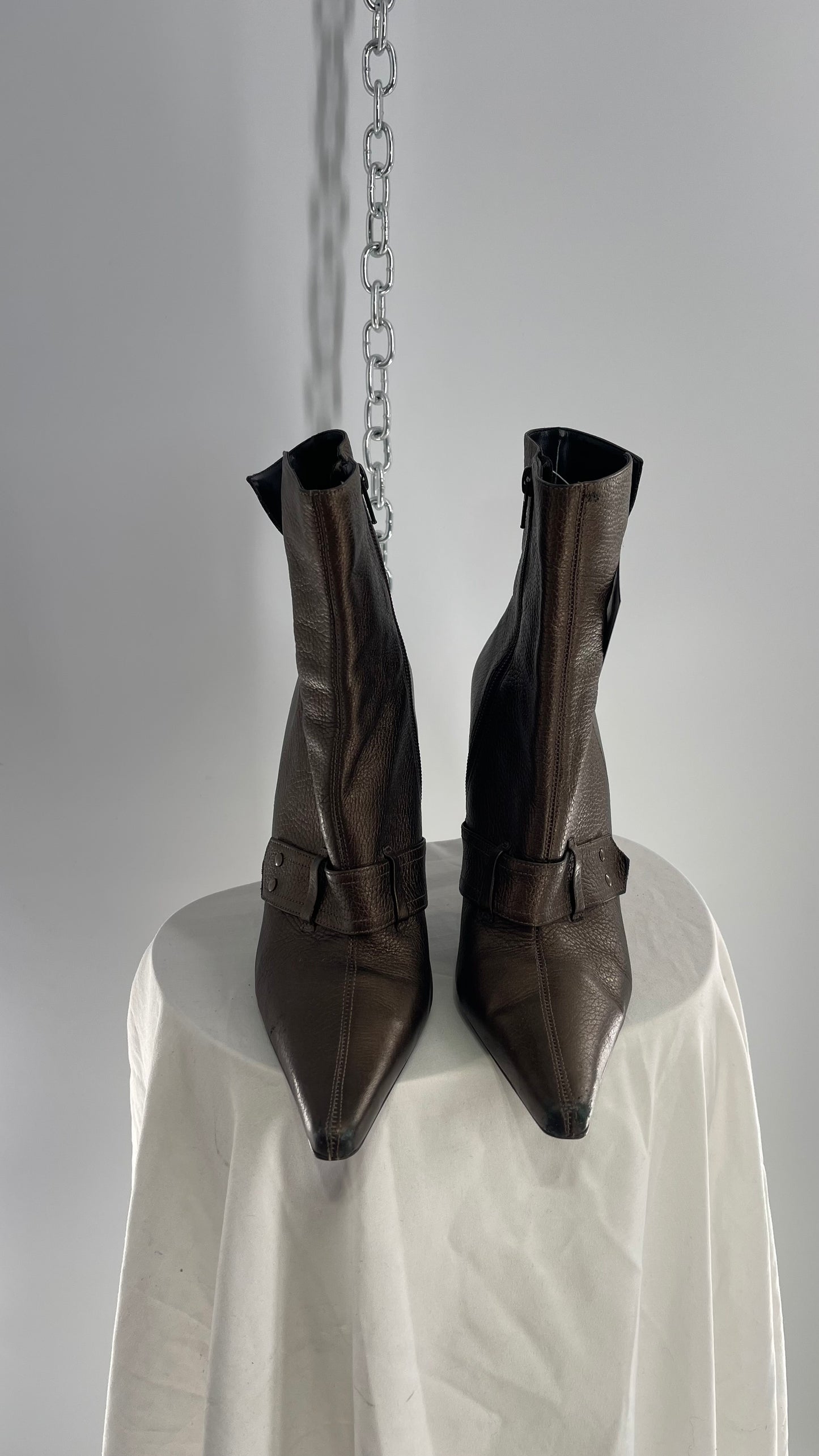 Vintage GIANNI Metallic Bronze Pointed Toe Buckle Strap Boots Made in Brazil (38)