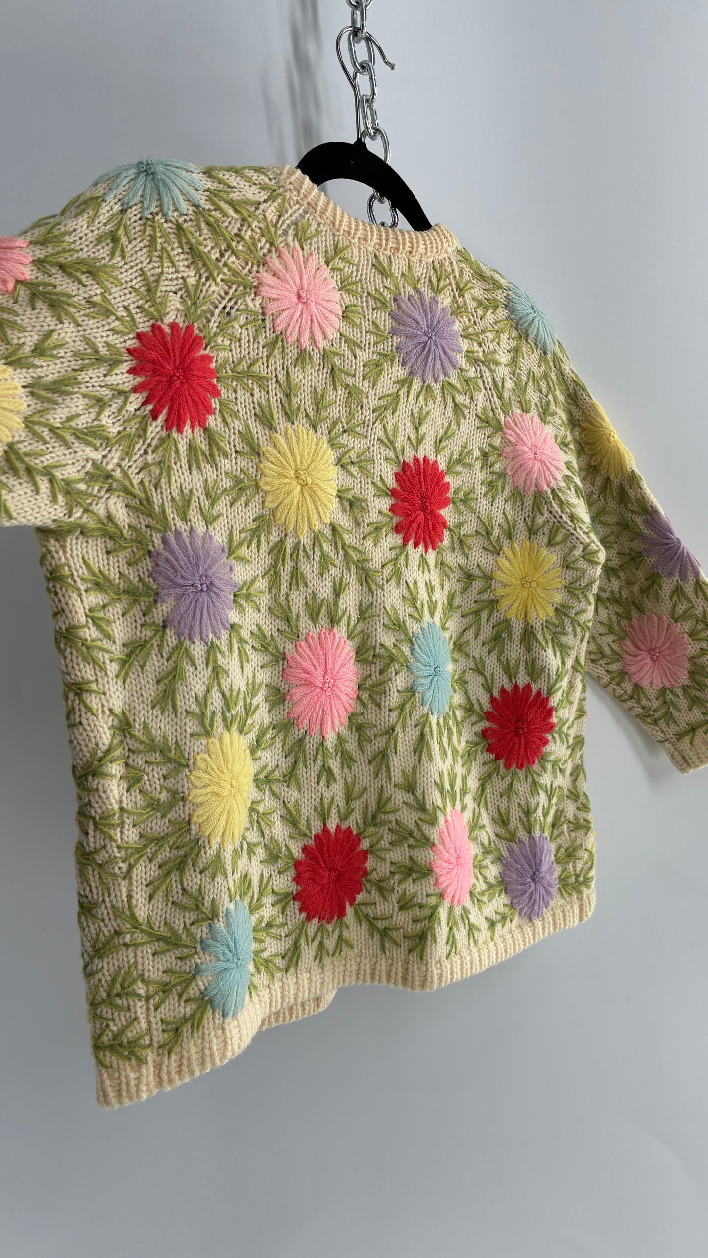 Vintage Hand Knit Beige Cardigan with Colorful Flowers (Small)