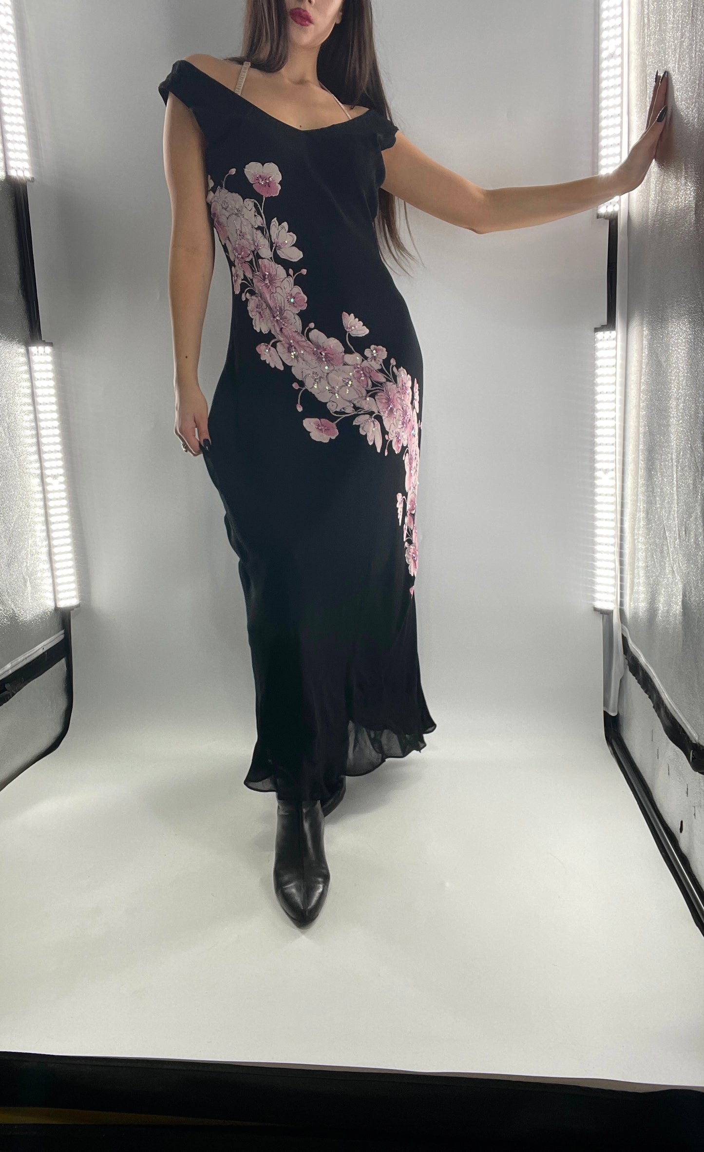 Vintage Dress Barn Black Slinky Maxi Dress with Pink Floral Graphic and Sequins (L)